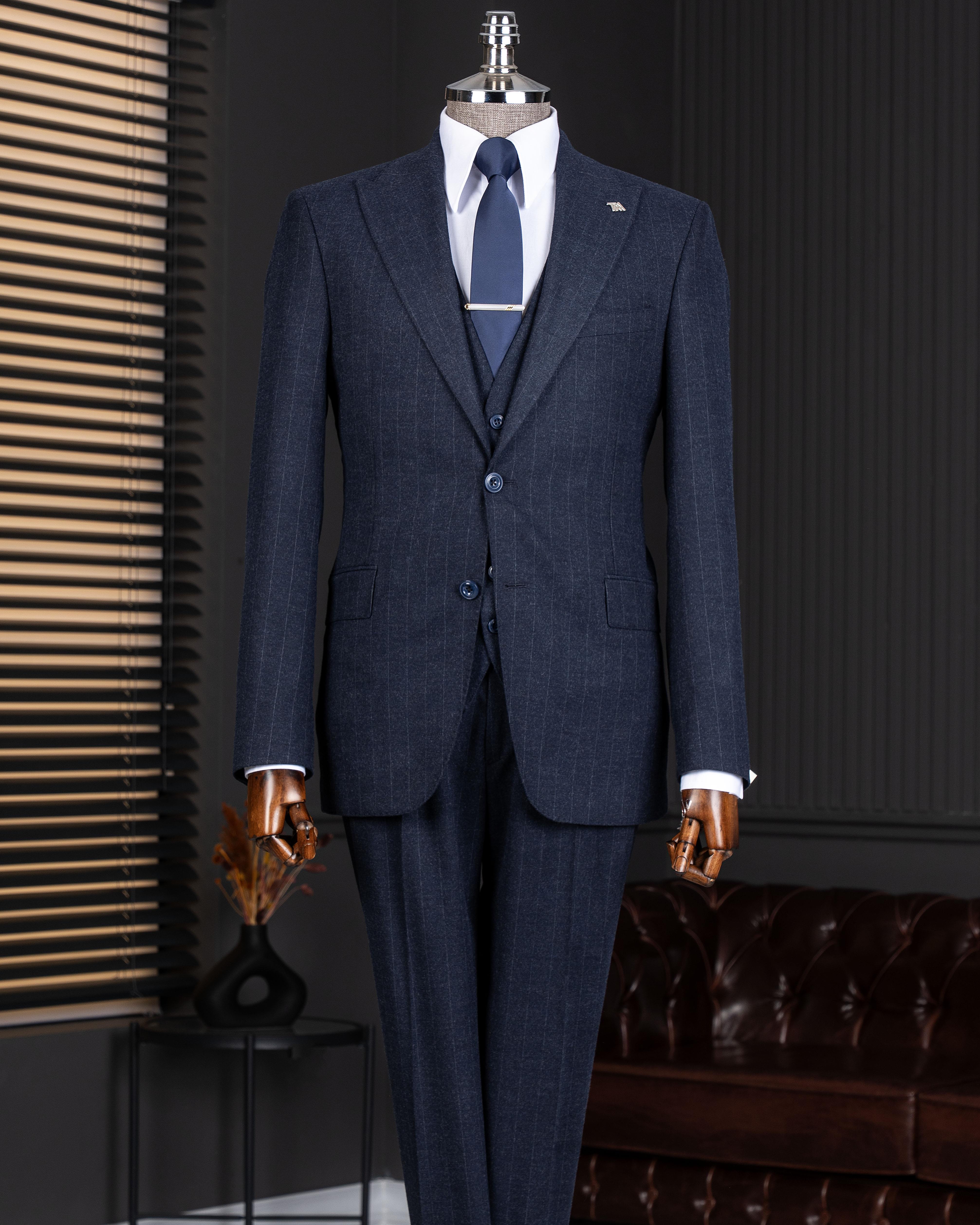 İtalyan stil slim fit erkek ceket yelek pantolon takım elbise lacivert T14652