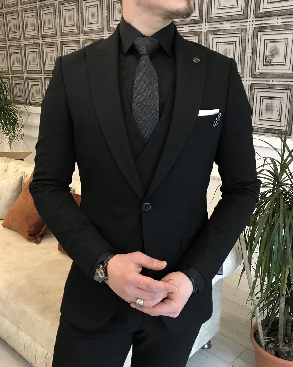 İtalyan stil slim fit erkek ceket yelek pantolon takım elbise Siyah T5901