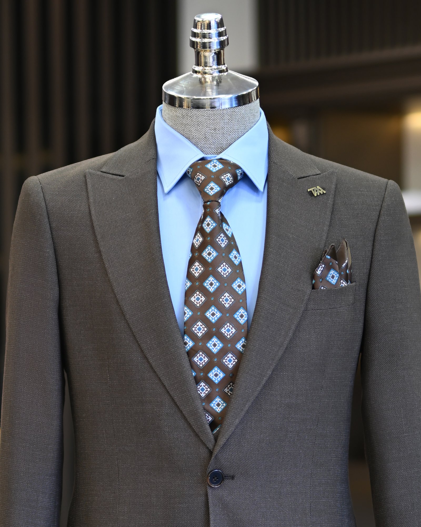 İtalyan stil slim fit erkek ceket yelek pantolon takım elbise kahverengi T11021