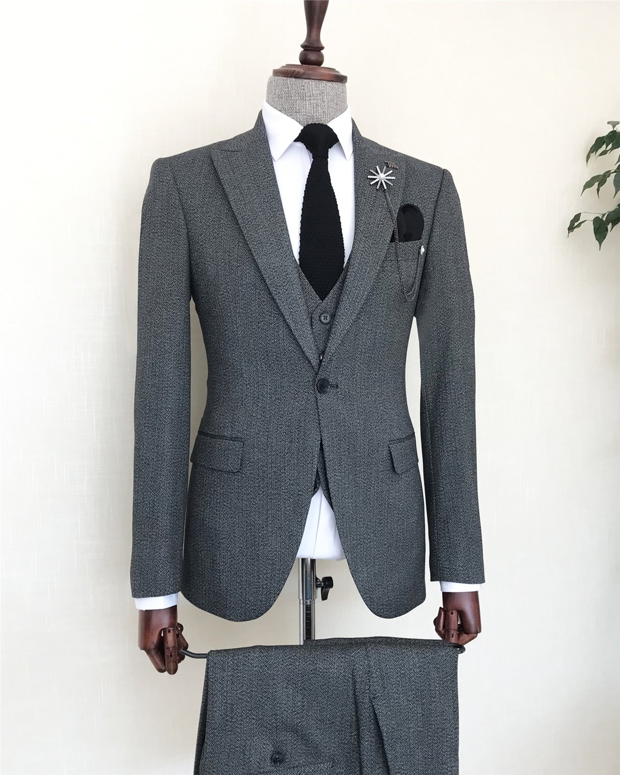 İtalyan stil slim fit erkek ceket yelek pantolon takım elbise Siyah T8429