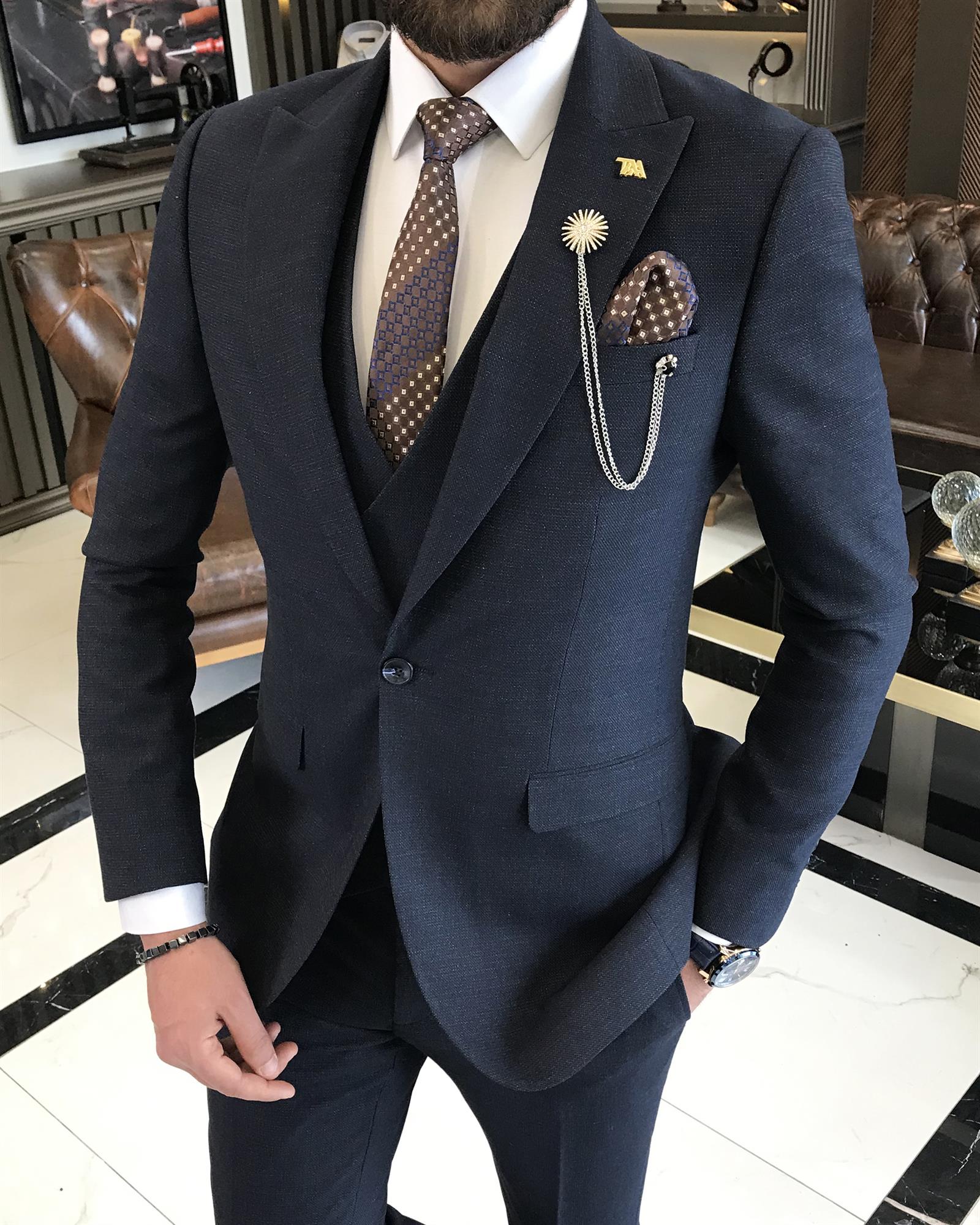 İtalyan stil slim fit erkek ceket yelek pantolon takım elbise lacivert T9525