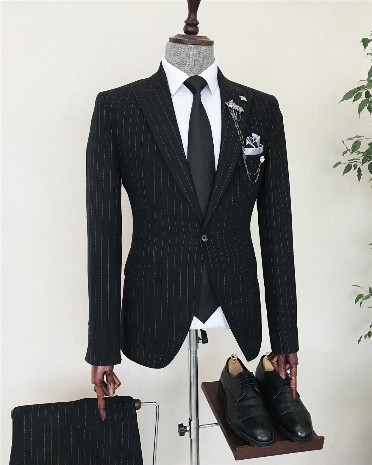 İtalyan stil slim fit erkek çizgili ceket pantolon takım elbise Siyah T8260