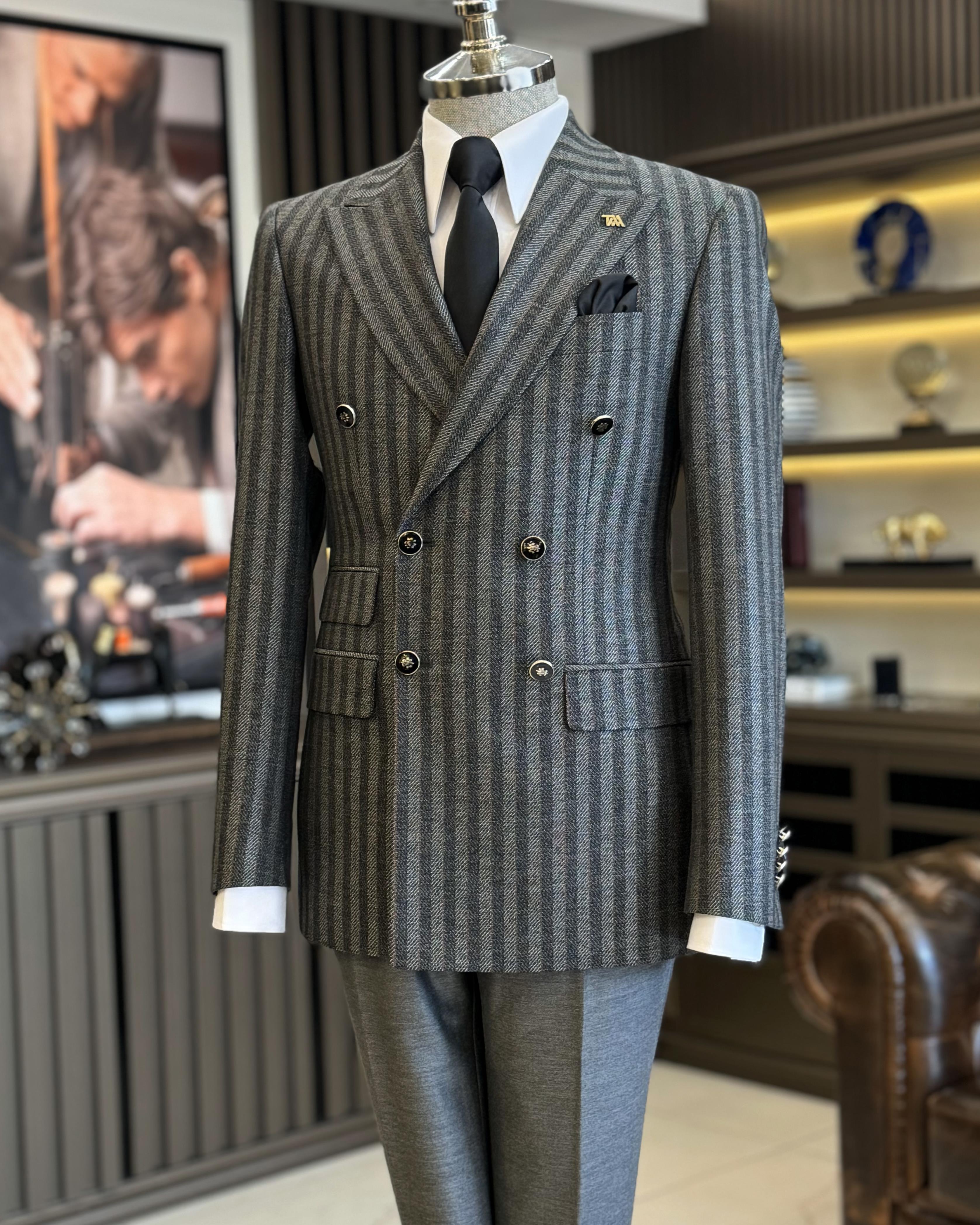 İtalyan stil slim fit erkek çizgili kruvaze ceket pantolon takım elbise siyah T12983