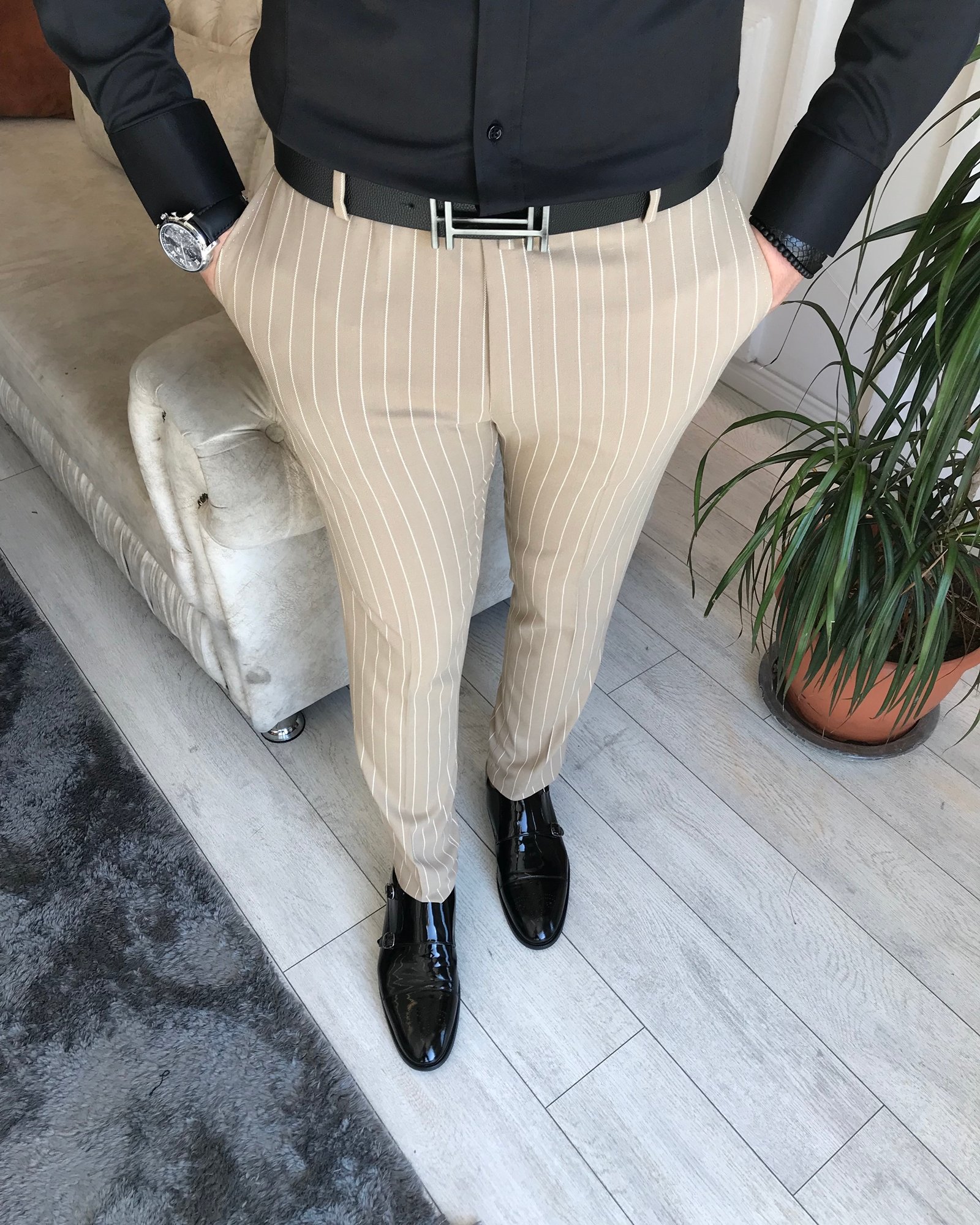 İtalyan stil slim fit erkek çizgili kumaş pantolon Camel T6620