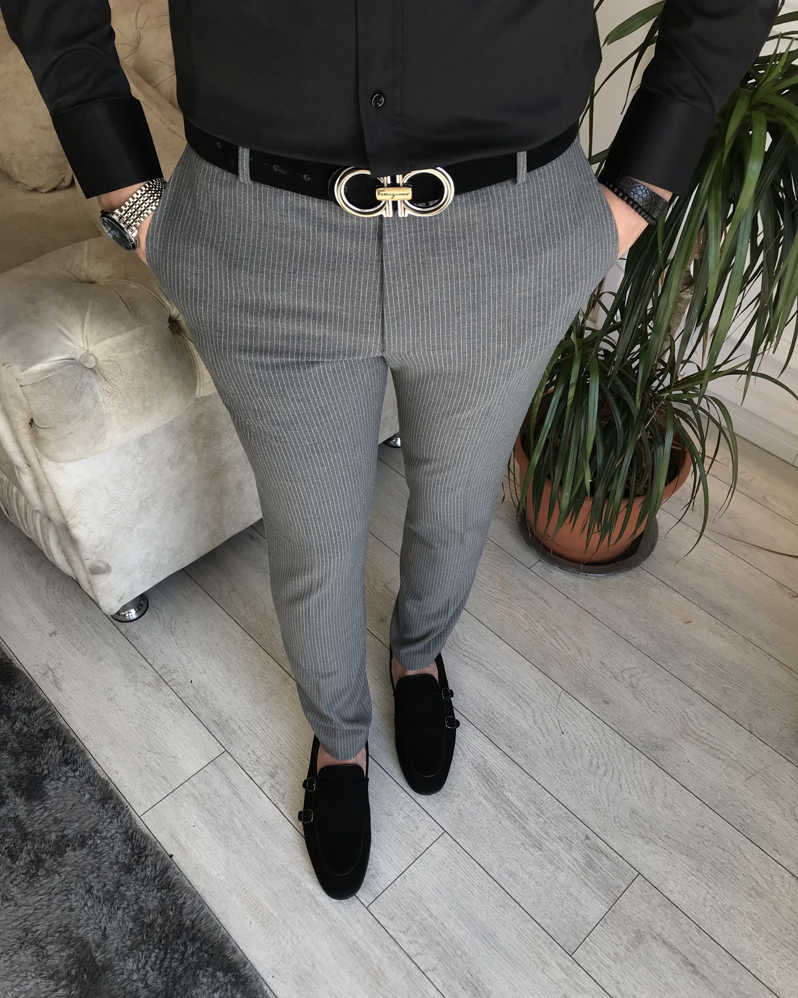 İtalyan stil slim fit erkek çizgili kumaş pantolon Gri T6614