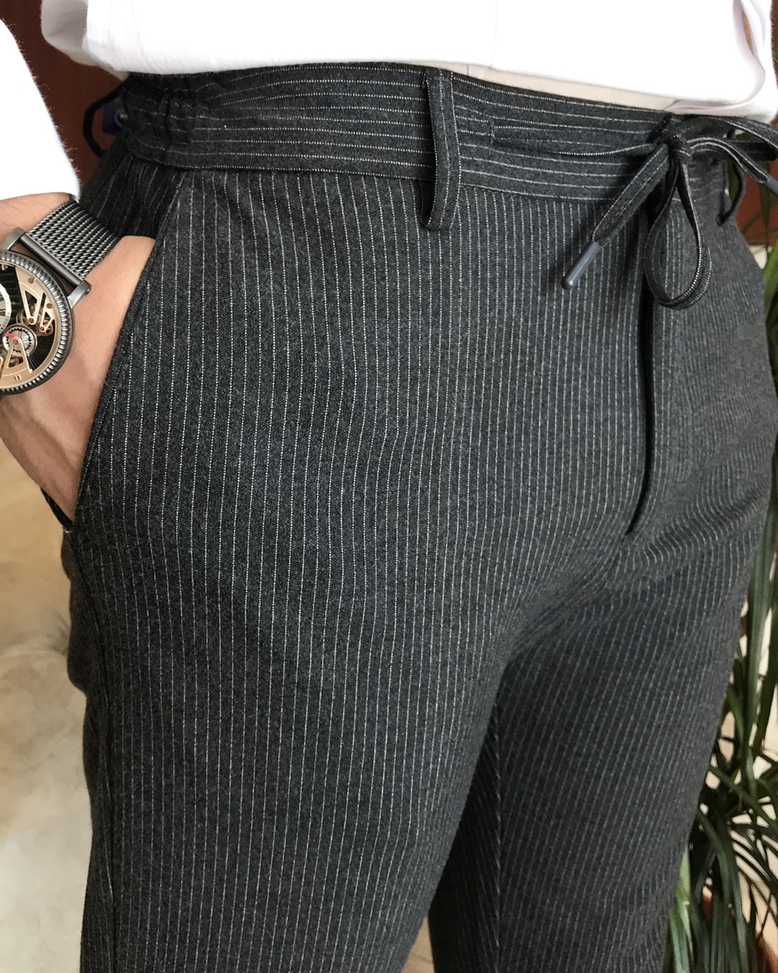 İtalyan stil slim fit erkek çizgili kumaş pantolon Koyu Gri T6161