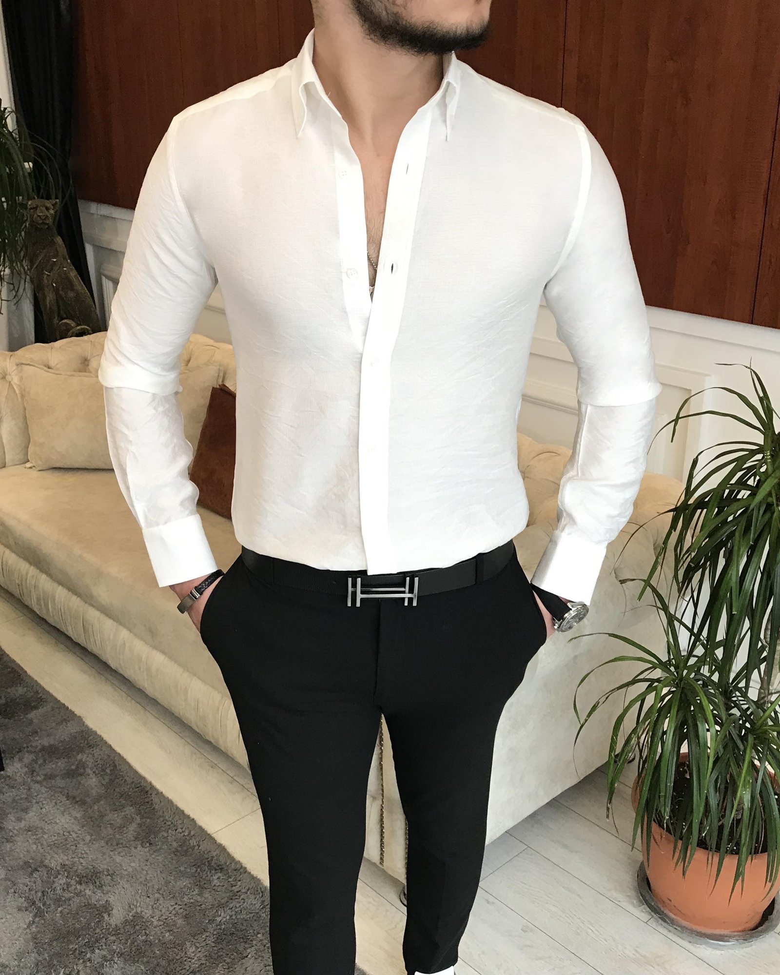 Italian style slim fit men's high collar shirt white T7091