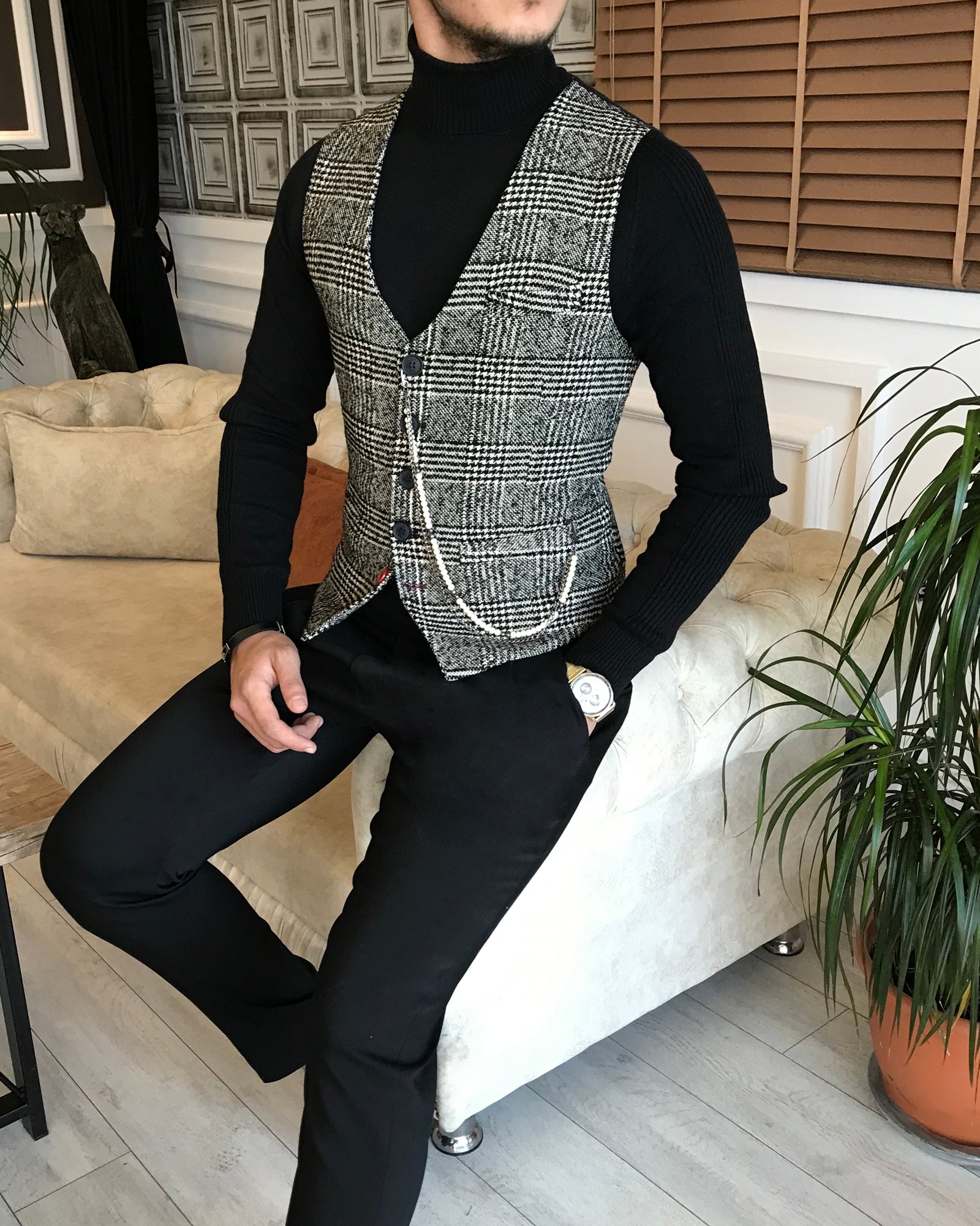 Italian Style Slim Fit Men's Ekose Casted Waistcoat Black T6397
