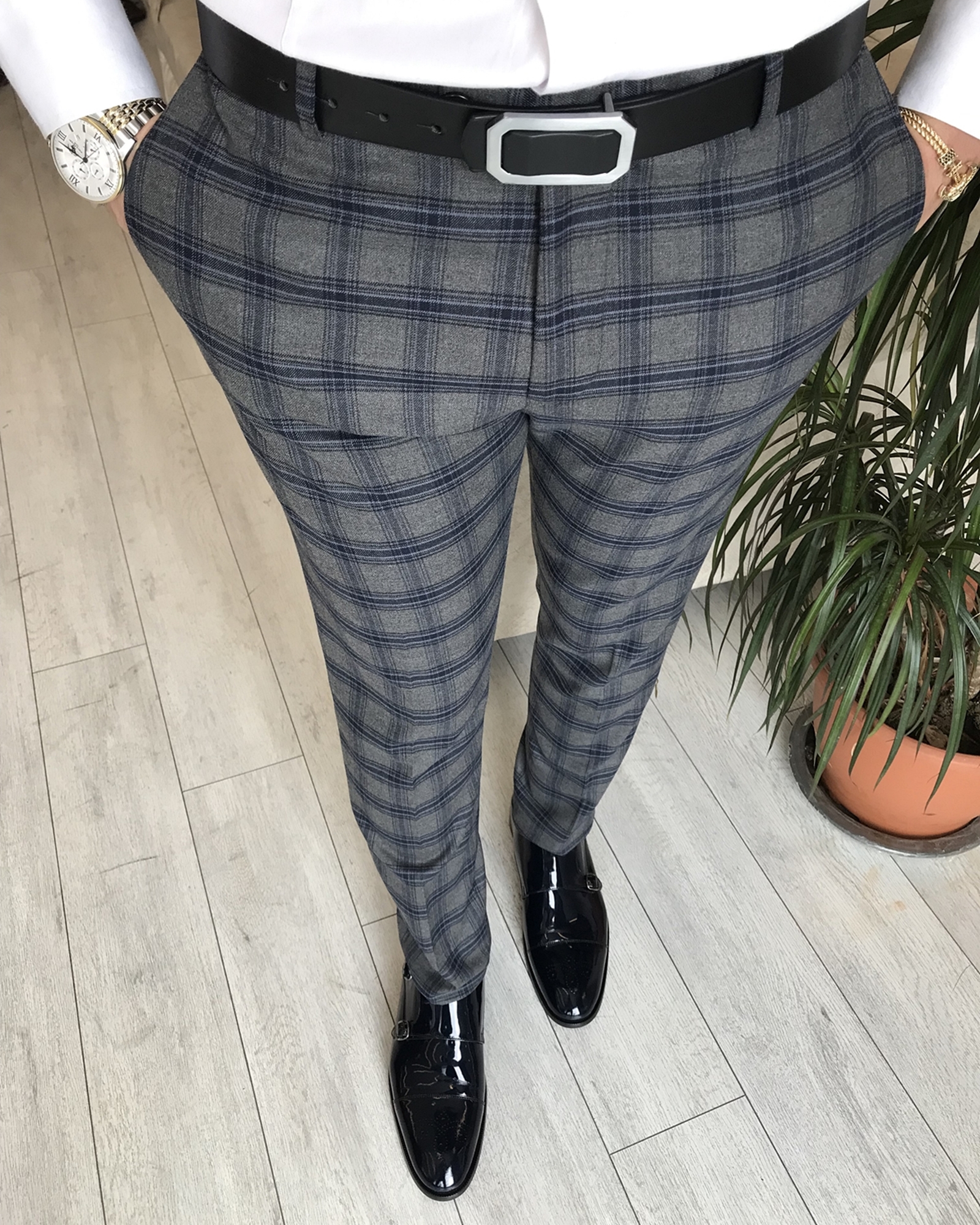 Italian Style Slim Fit Men's Plaid Fabric Trousers Gray T6497