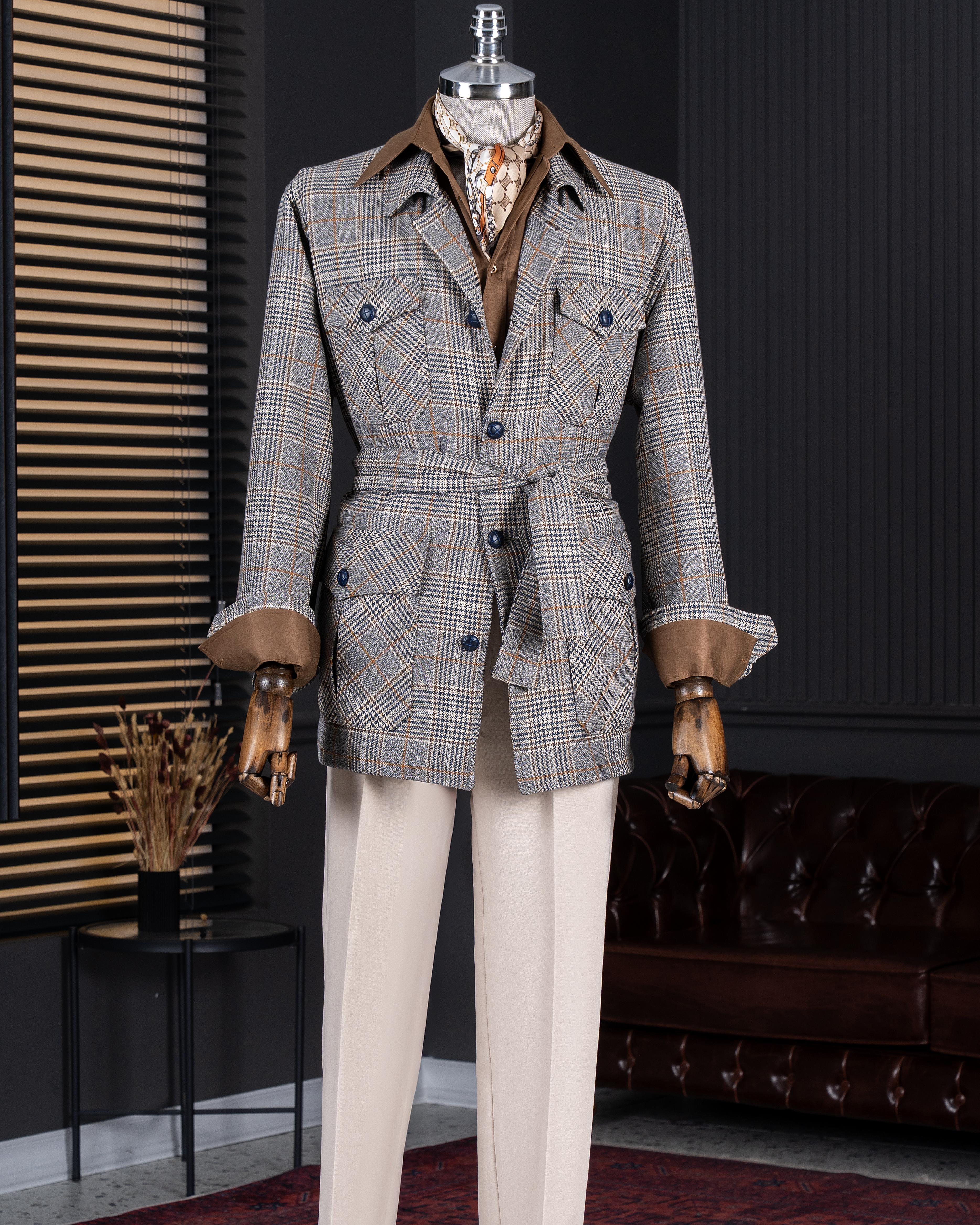 Italyan stil slim fit erkek ekose mevsimlik mont lacivert T9905