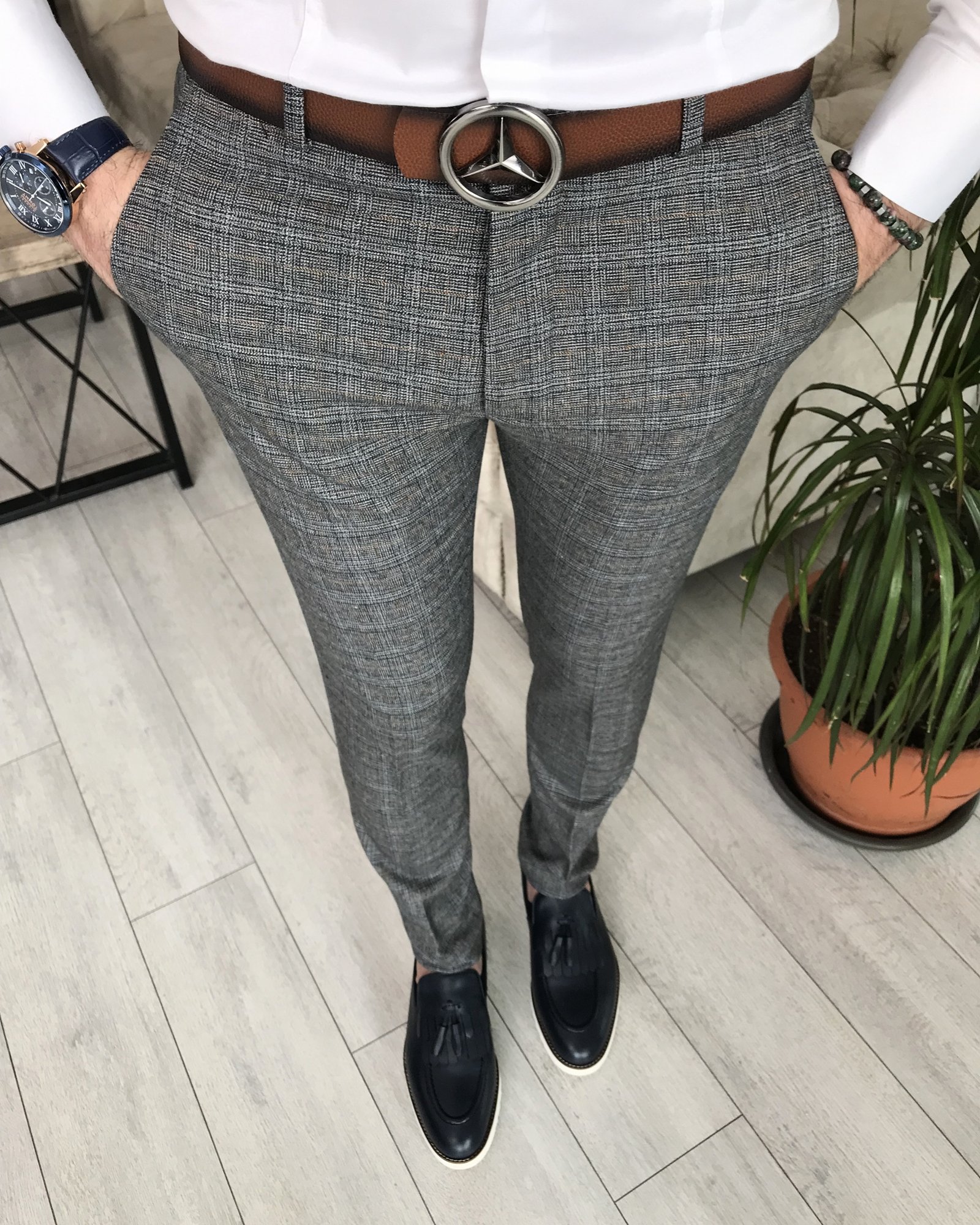 Italian Style Slim Fit Men's Plaid Trousers Gray T8253