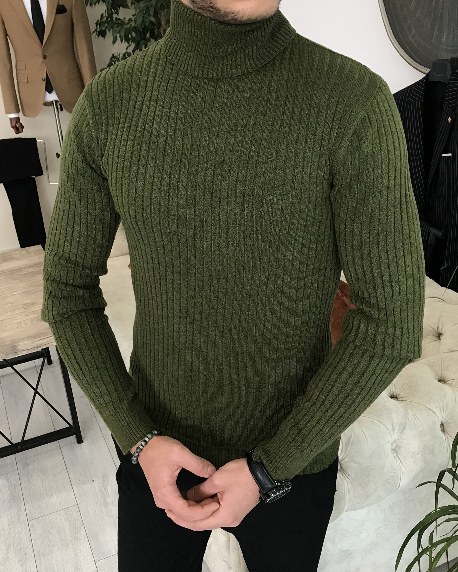 Italian style slim fit men's turtleneck knitwear sweater Green T7960