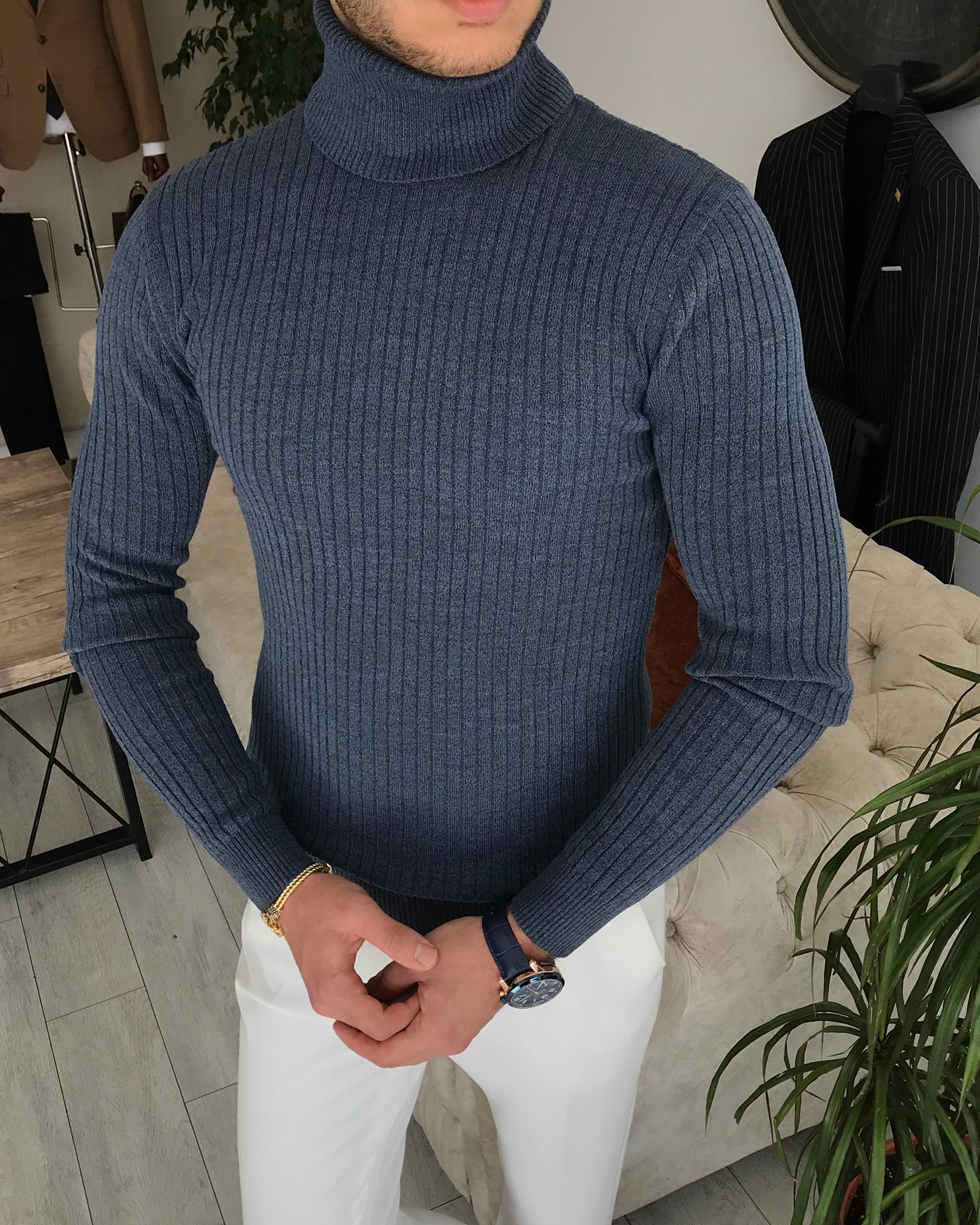 İtalyan stil slim fit erkek fitilli balıkçı yaka triko kazak Mavi T7952