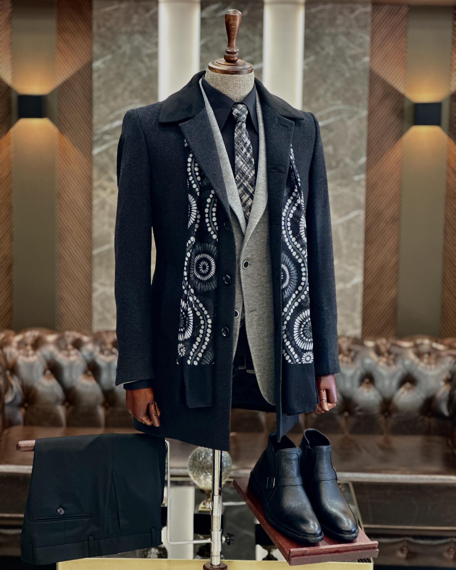 Italian style slim fit men's shirt collar wool blended coat black T9865