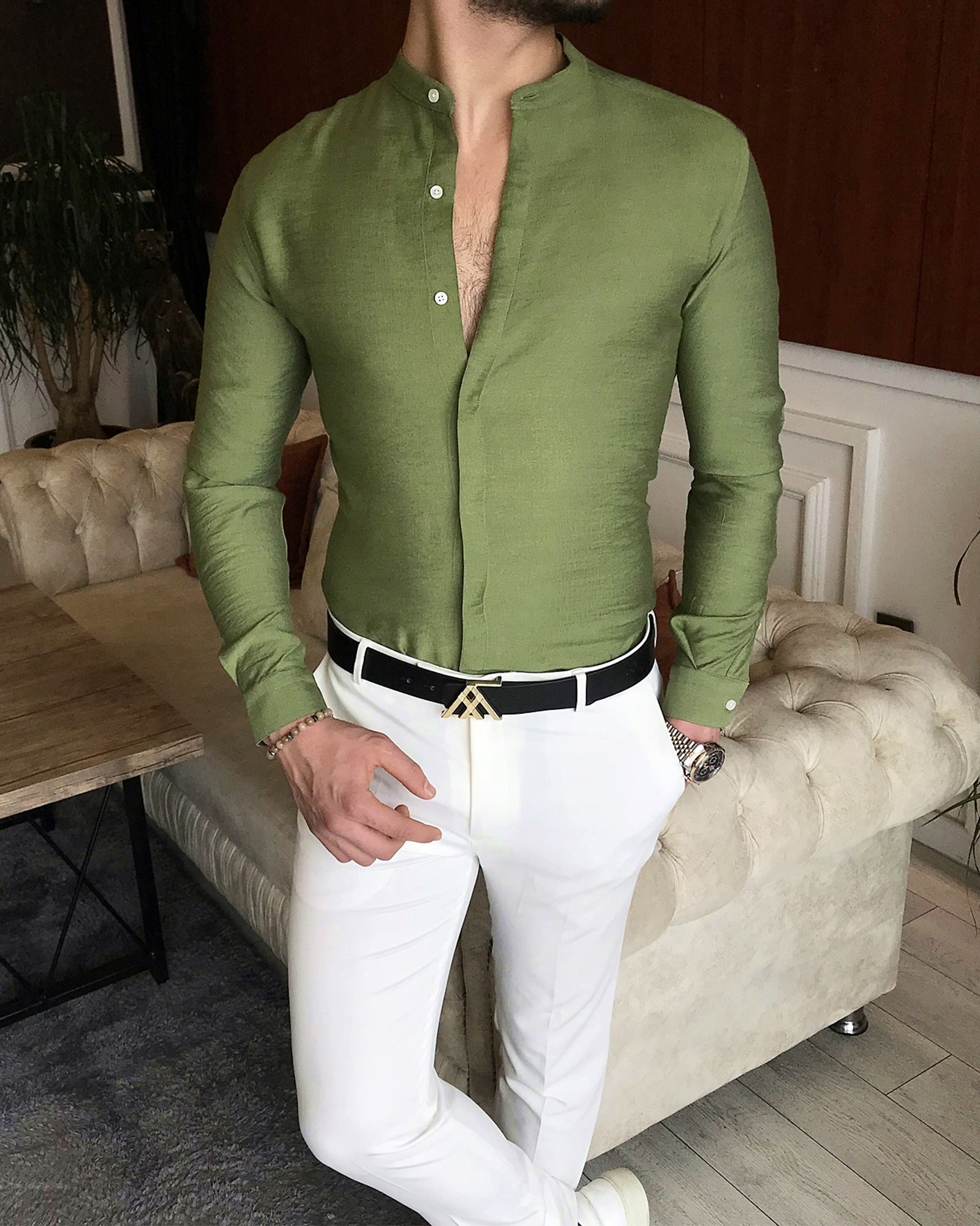 İtalyan stil slim fit erkek hakim yaka gömlek Yeşil T7093