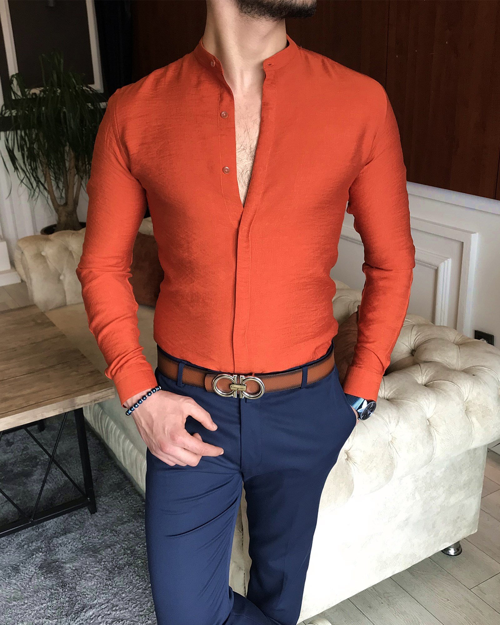 İtalyan stil slim fit erkek hakim yaka gömlek Kiremit T7098