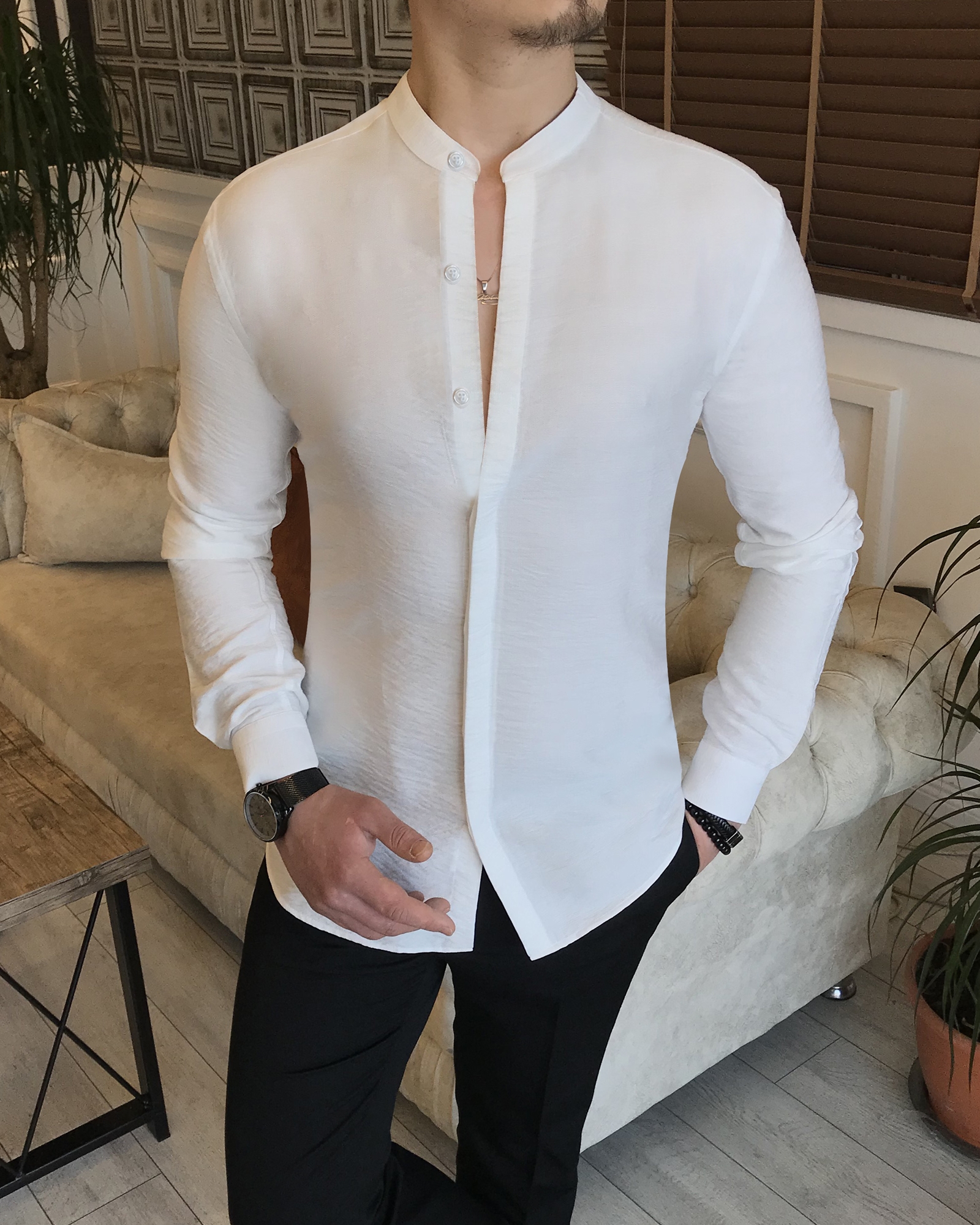 Italian style slim fit men's collar shirt white T5851