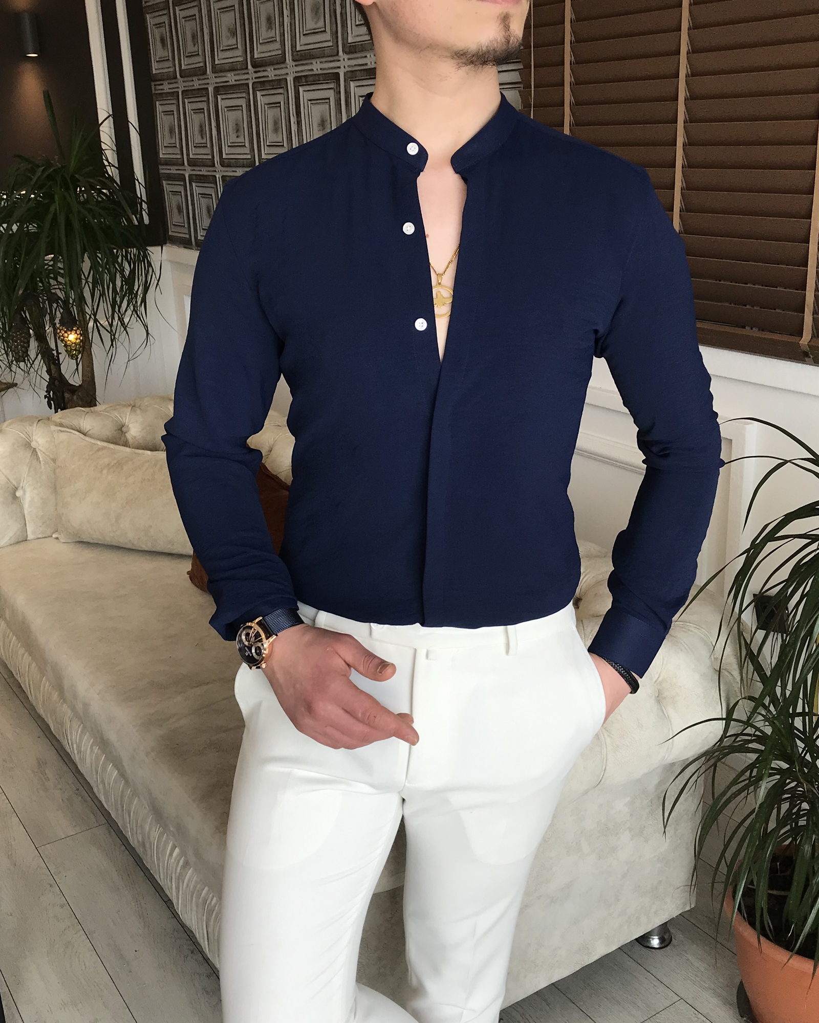 İtalyan stil slim fit erkek hakim yaka gömlek lacivert T5849