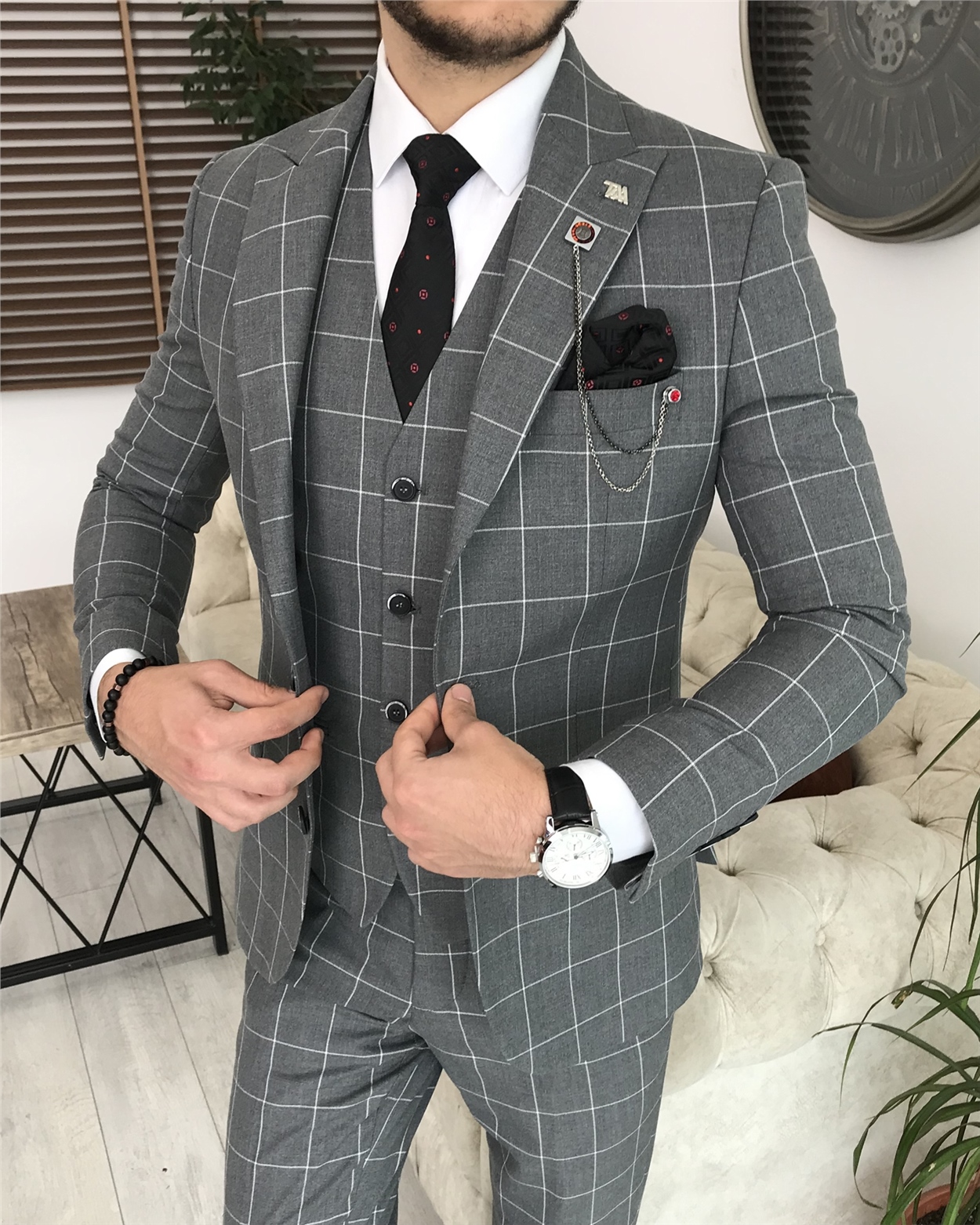İtalyan stil slim fit erkek kareli ceket yelek pantolon takım elbise Gri  T8180