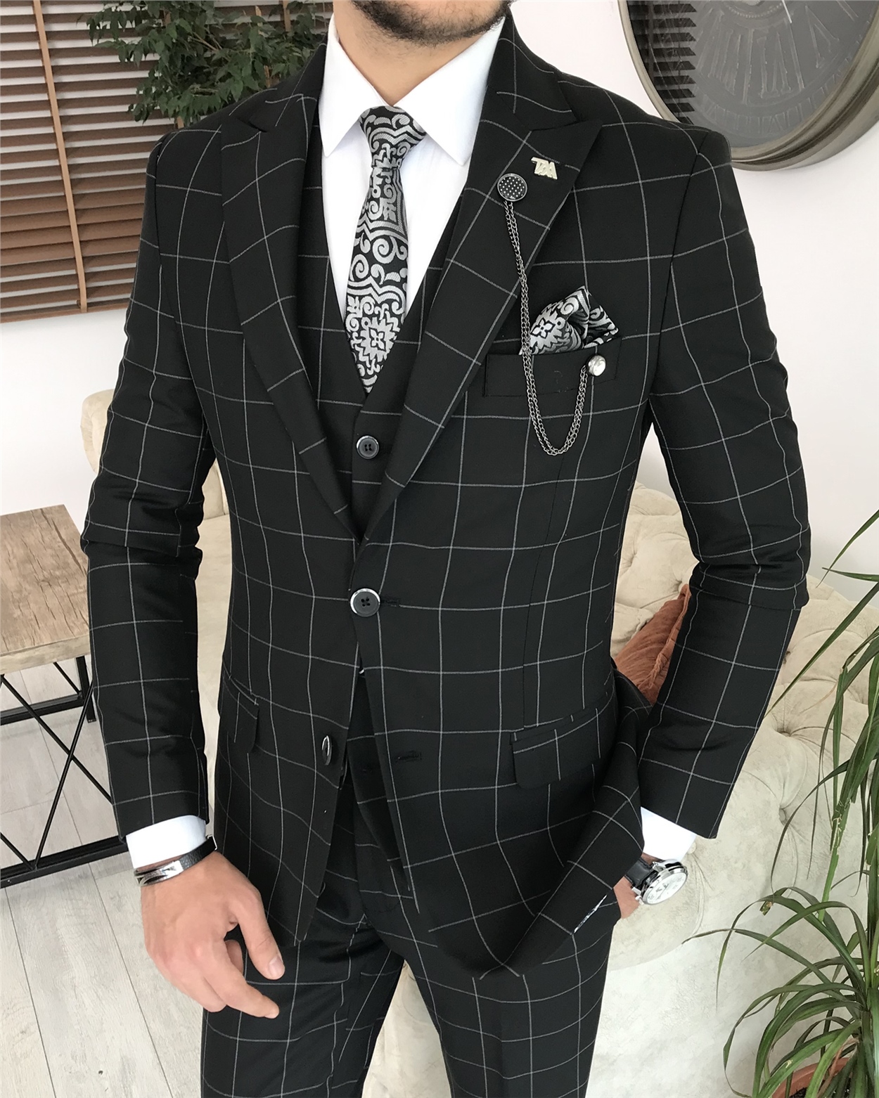 İtalyan stil slim fit erkek kareli ceket yelek pantolon takım elbise Siyah  T8181