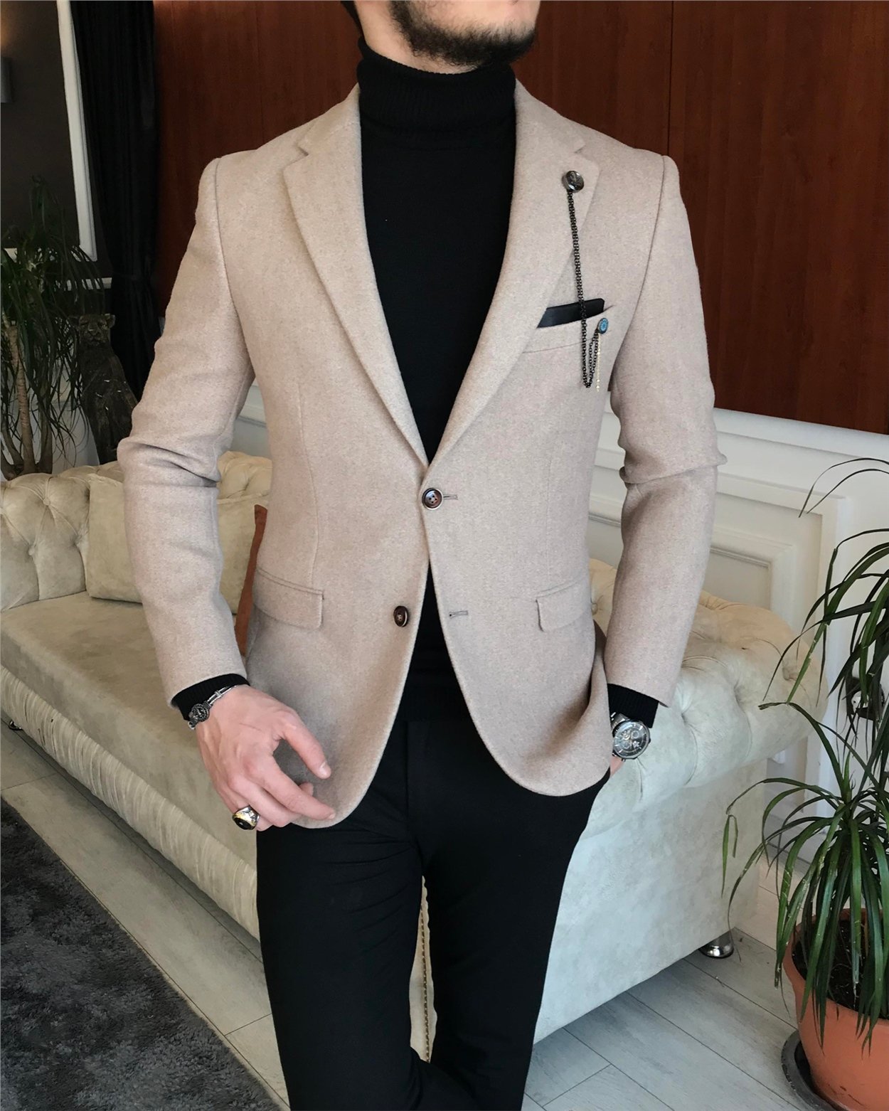 İtalyan stil slim fit erkek kaşe mono yaka tek ceket Vizon T6856
