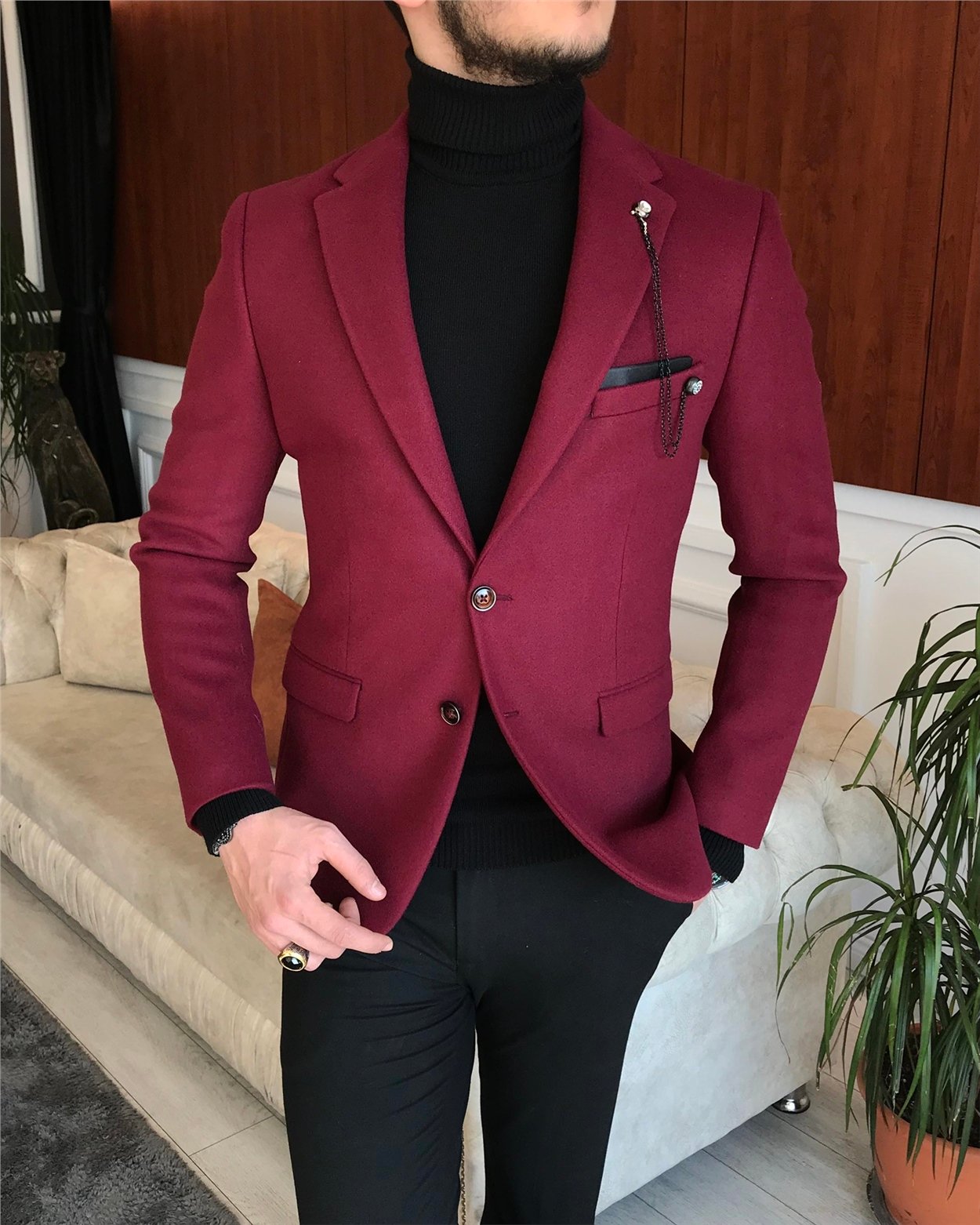 İtalyan stil slim fit erkek kaşe mono yaka tek ceket Bordo T6855
