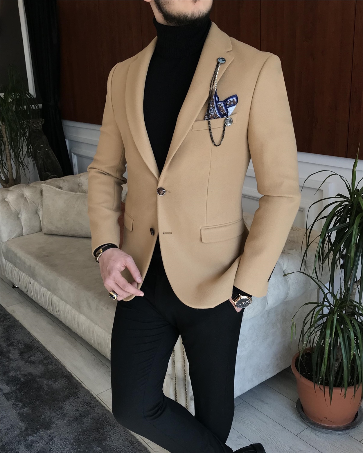 Italian Style Slim Fit Men's Stamp Mono Collar Single Jacket Honey Foam  T6852