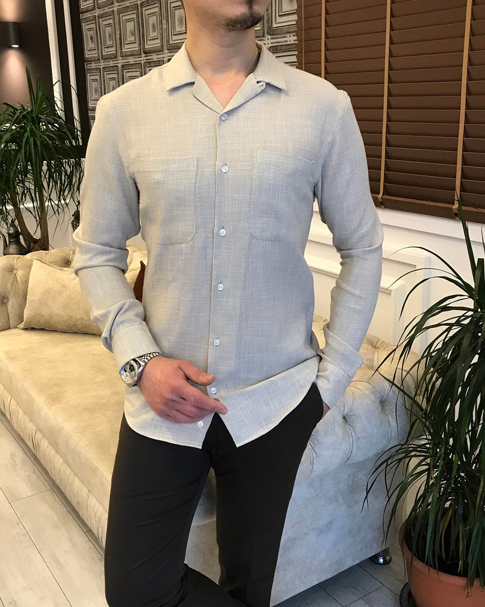 italyan stil slim fit erkek kırlangıç yaka keten gömlek Bej T5782