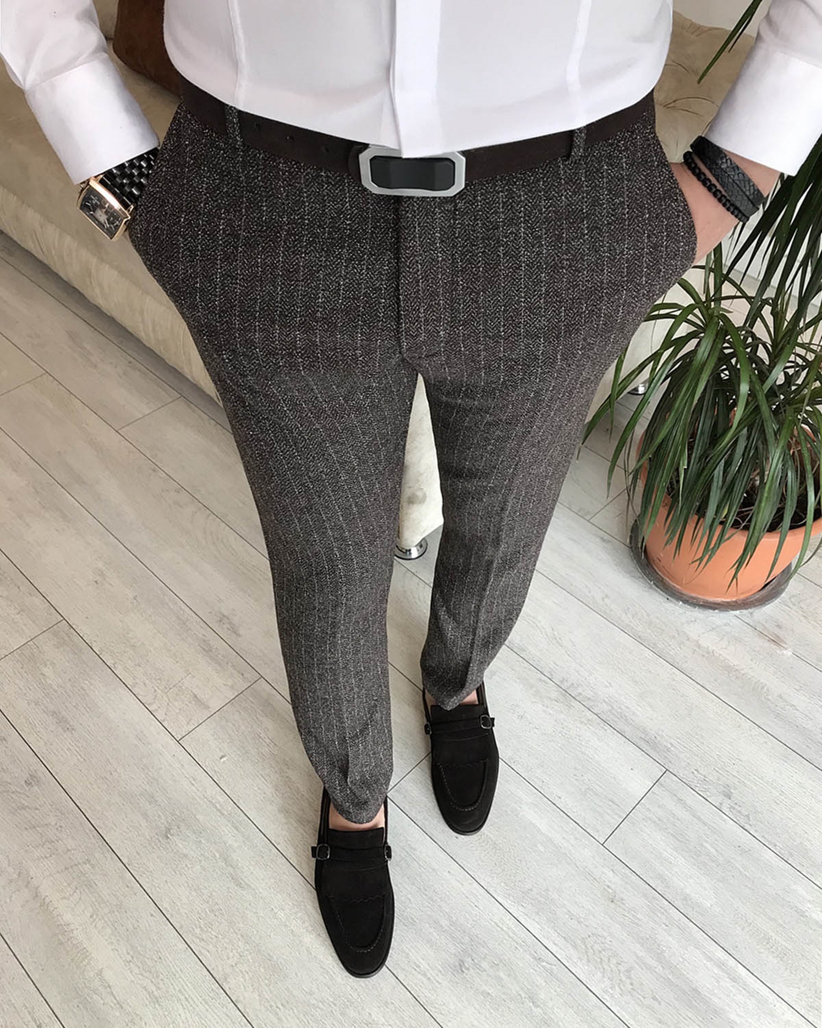 Italian Style Slim Fit Men's Wool Fabric Pants Brown T6706