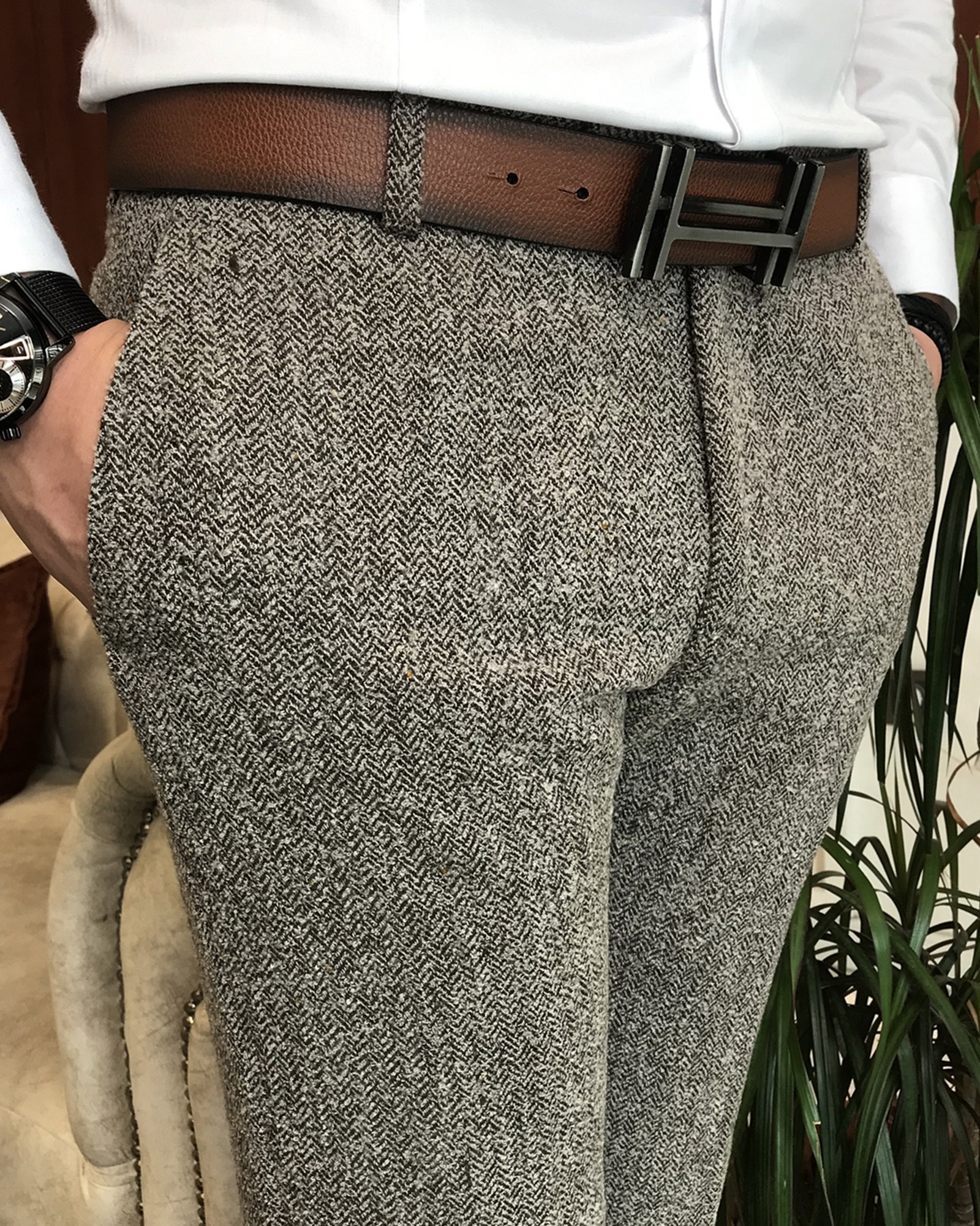 İtalyan stil slim fit erkek kışlık kumaş pantolon kahverengi T6705