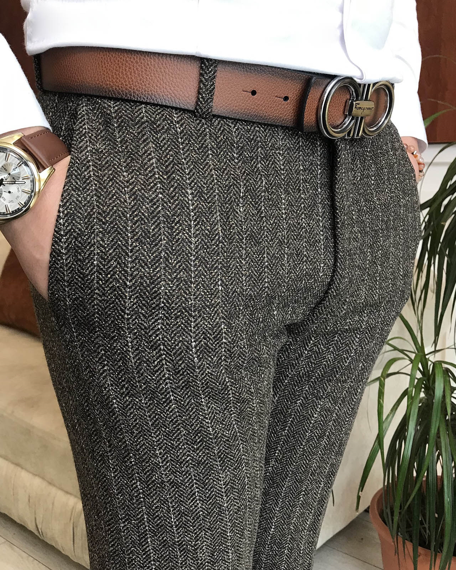 İtalyan stil slim fit erkek kışlık kumaş pantolon kahverengi T6704