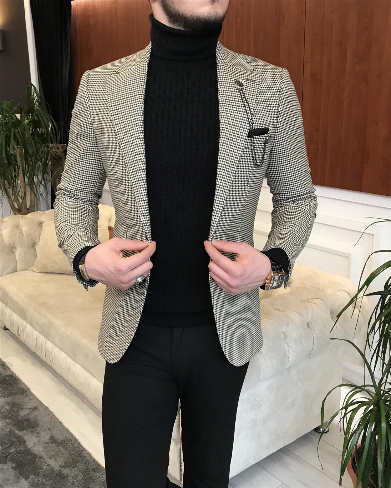 TerziAdemAltun İtalyan stil slim fit erkek kışlık mono yaka tek