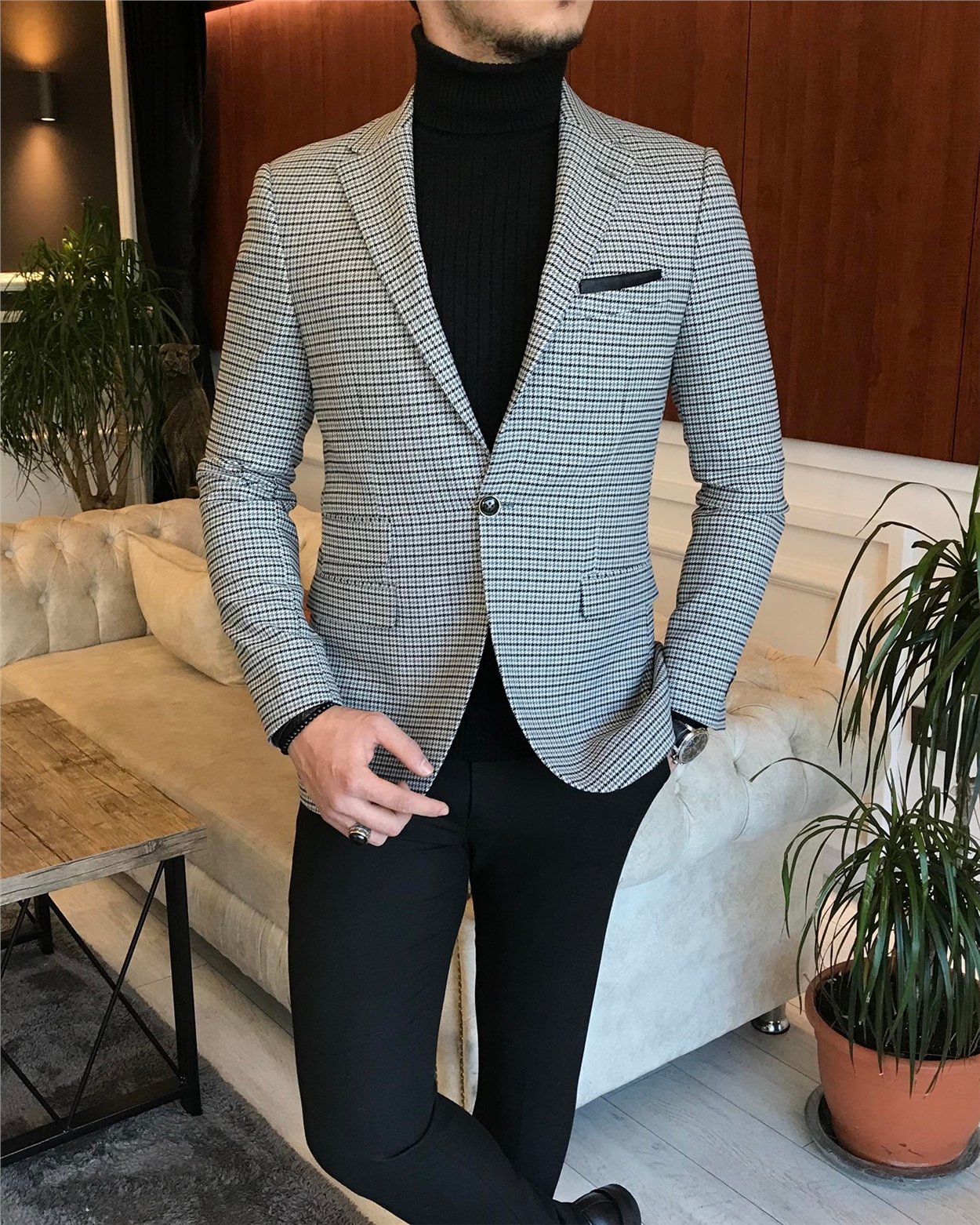 İtalyan stil slim fit erkek kışlık mono yaka tek ceket Gri T6603