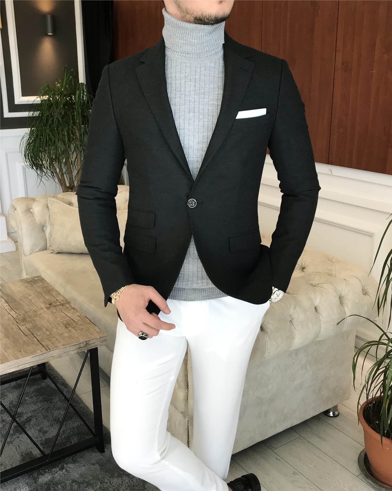 İtalyan stil slim fit erkek kışlık mono yaka tek ceket antrasit T6610