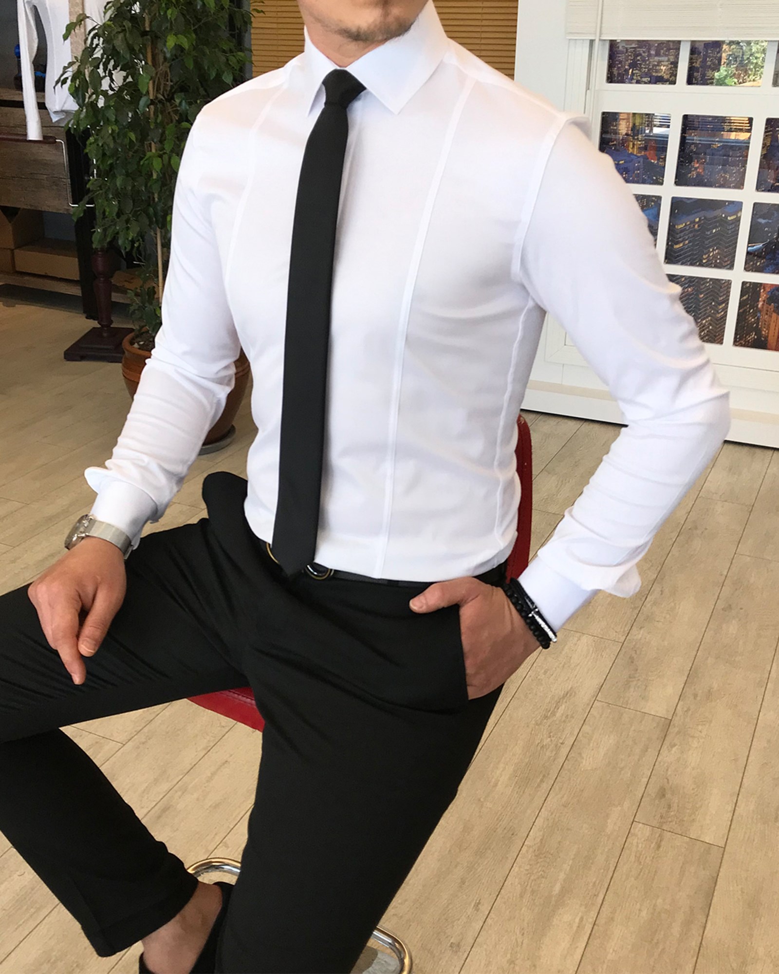 İtalyan stil slim fit erkek kravat yaka gömlek Beyaz T4775