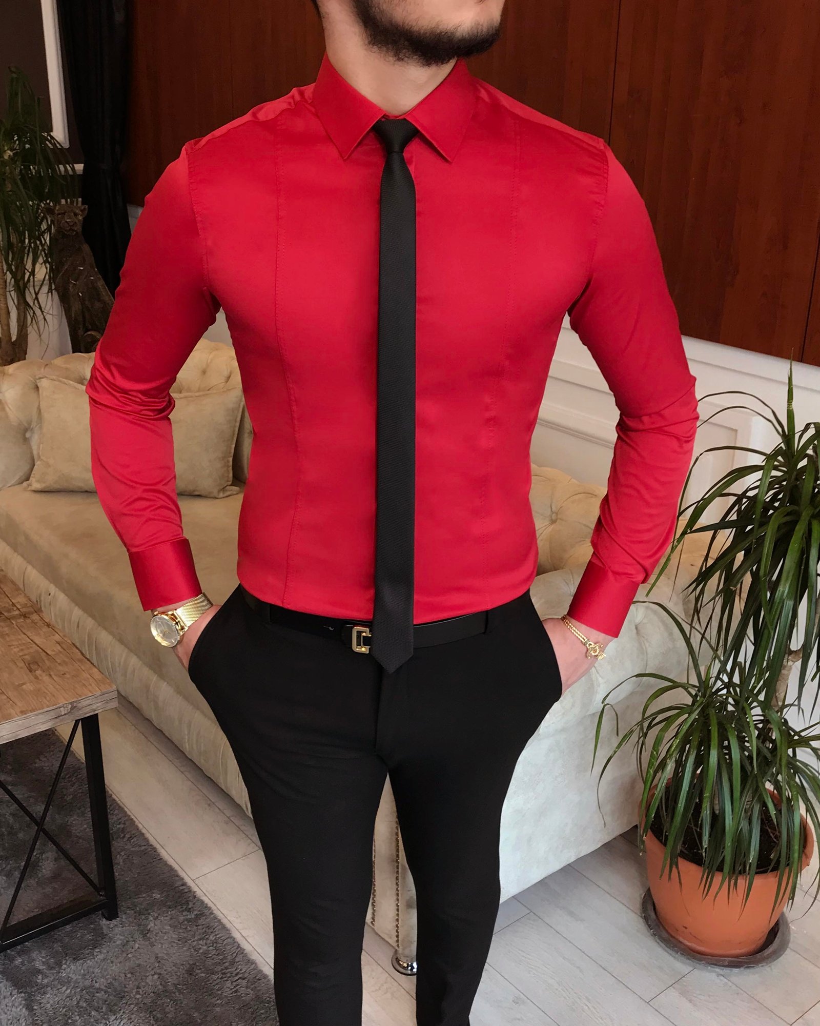 Italian style slim fit men's tie collar shirt Red T6822