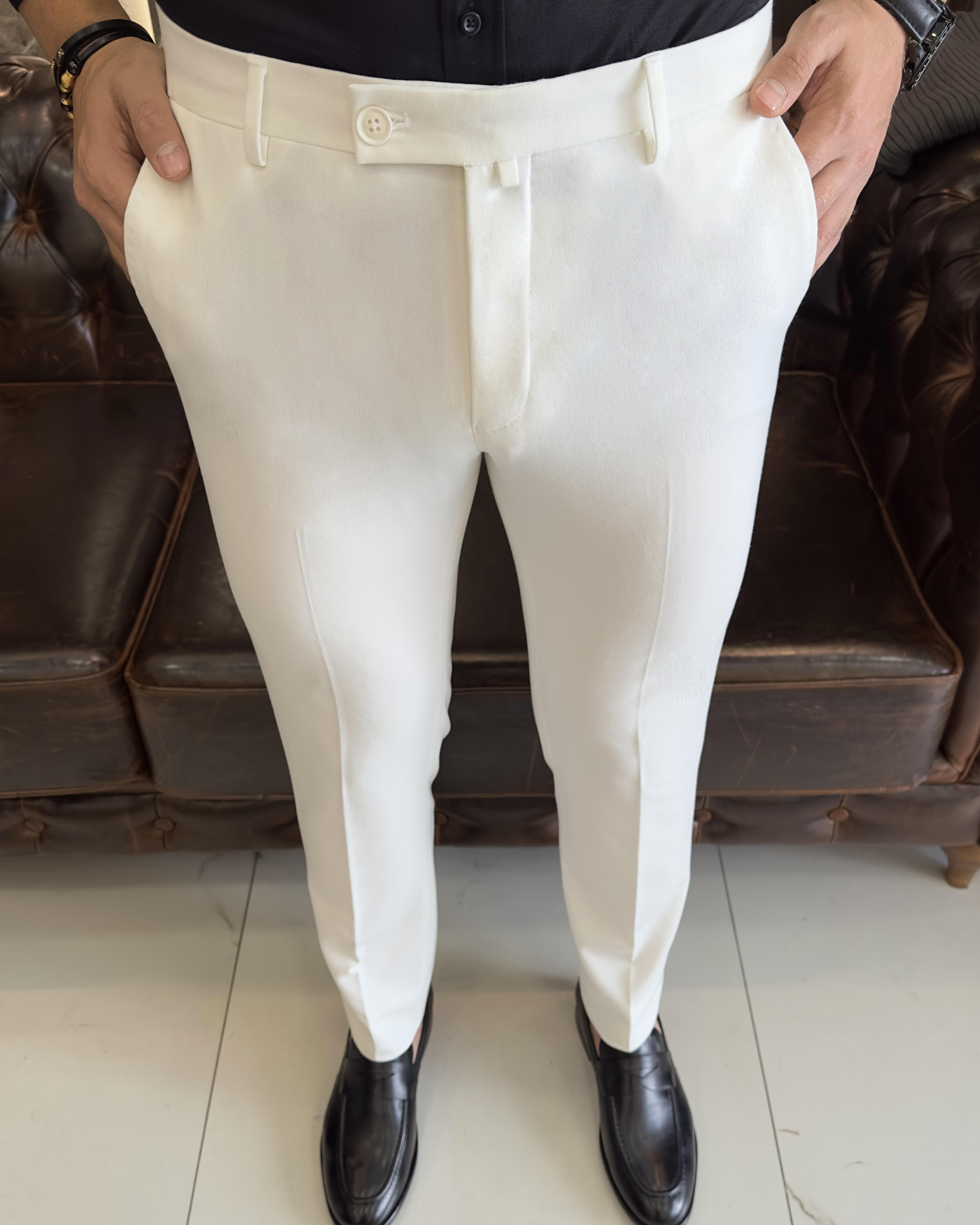 İtalyan stil slim fit erkek kumaş pantolon ekru T9765