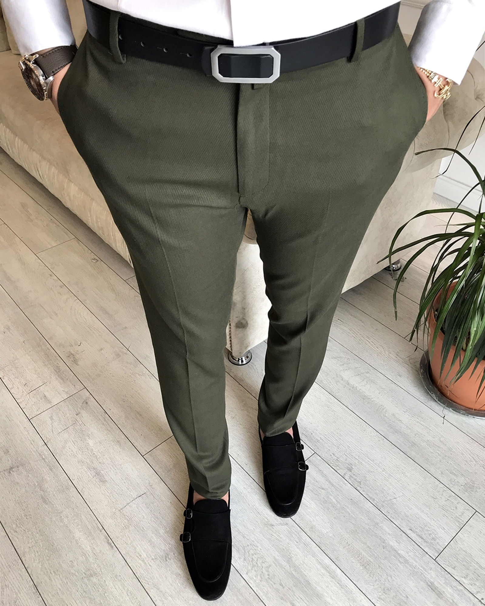 Italian Style Slim Fit Men's Fabric Pants Green T6533