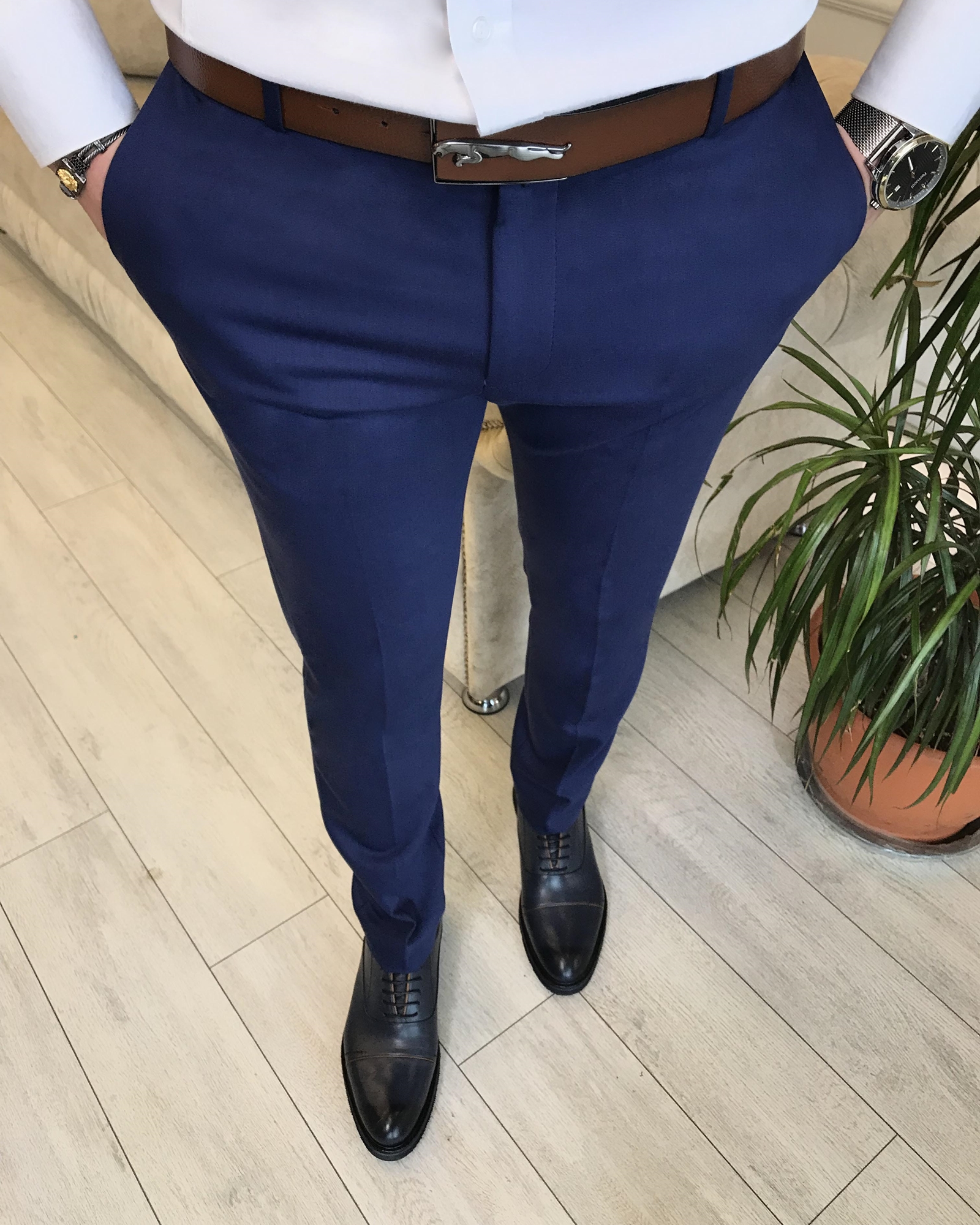 Italian Style Slim Fit Men's Fabric Pants Open Navy Blue T4828