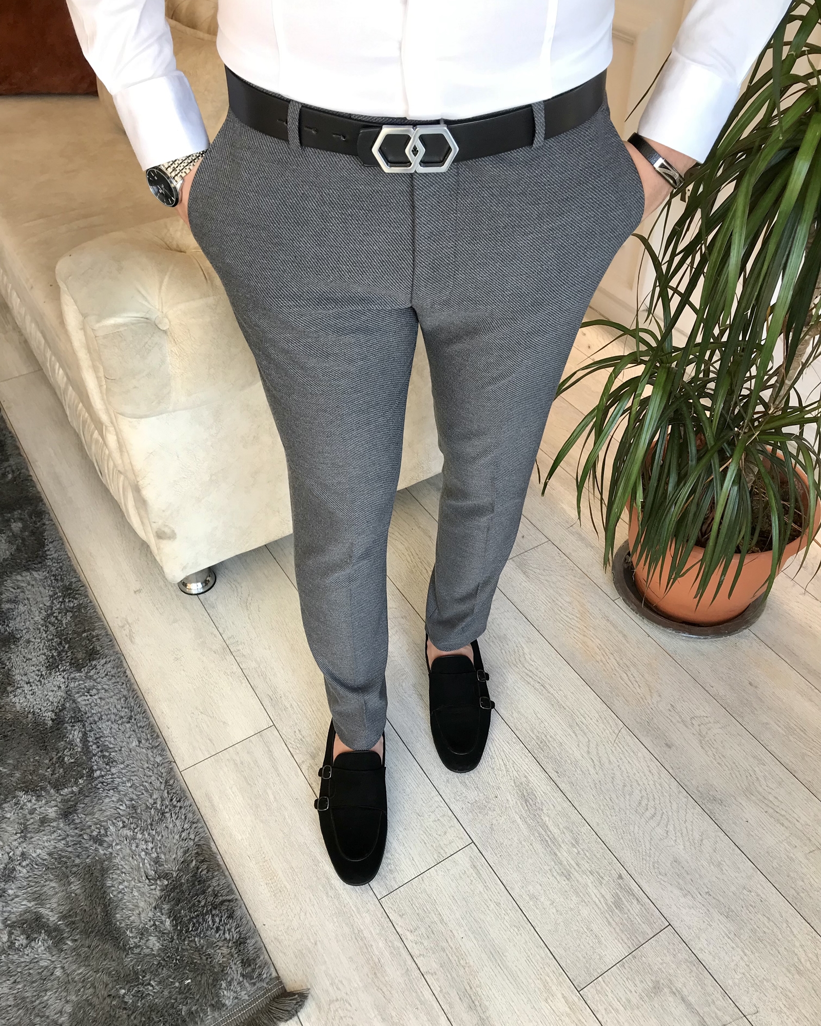 İtalyan stil slim fit erkek kumaş pantolon Gri T6615