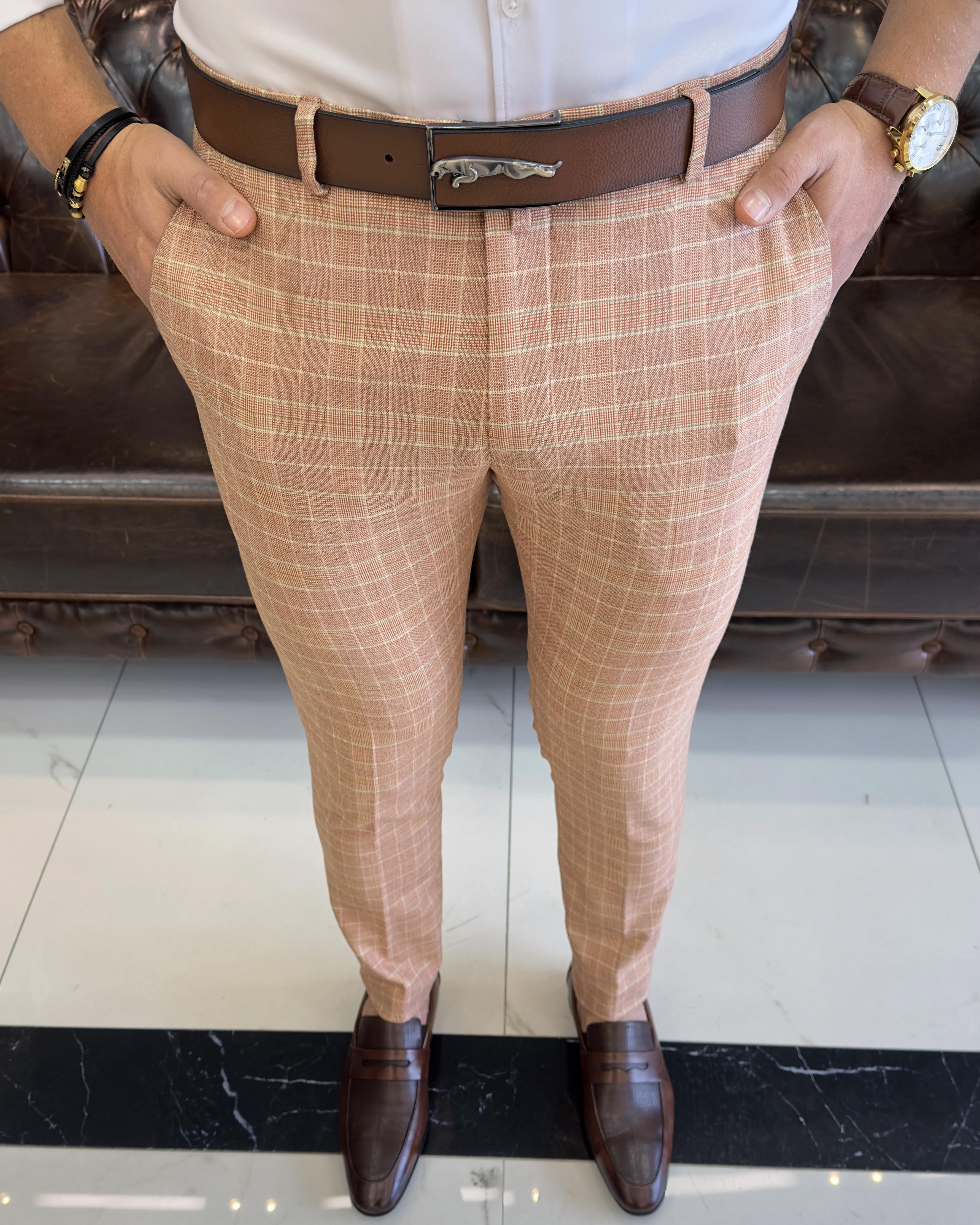 İtalyan stil slim fit erkek kumaş pantolon Turuncu T7750