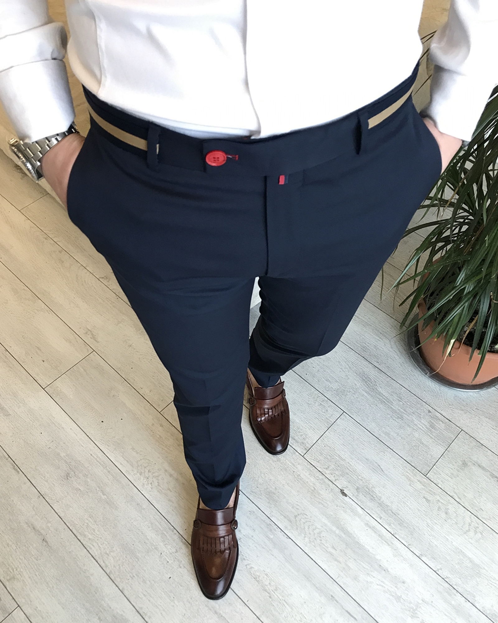 İtalyan stil slim fit erkek kumaş pantolon Koyu Lacivert T4422