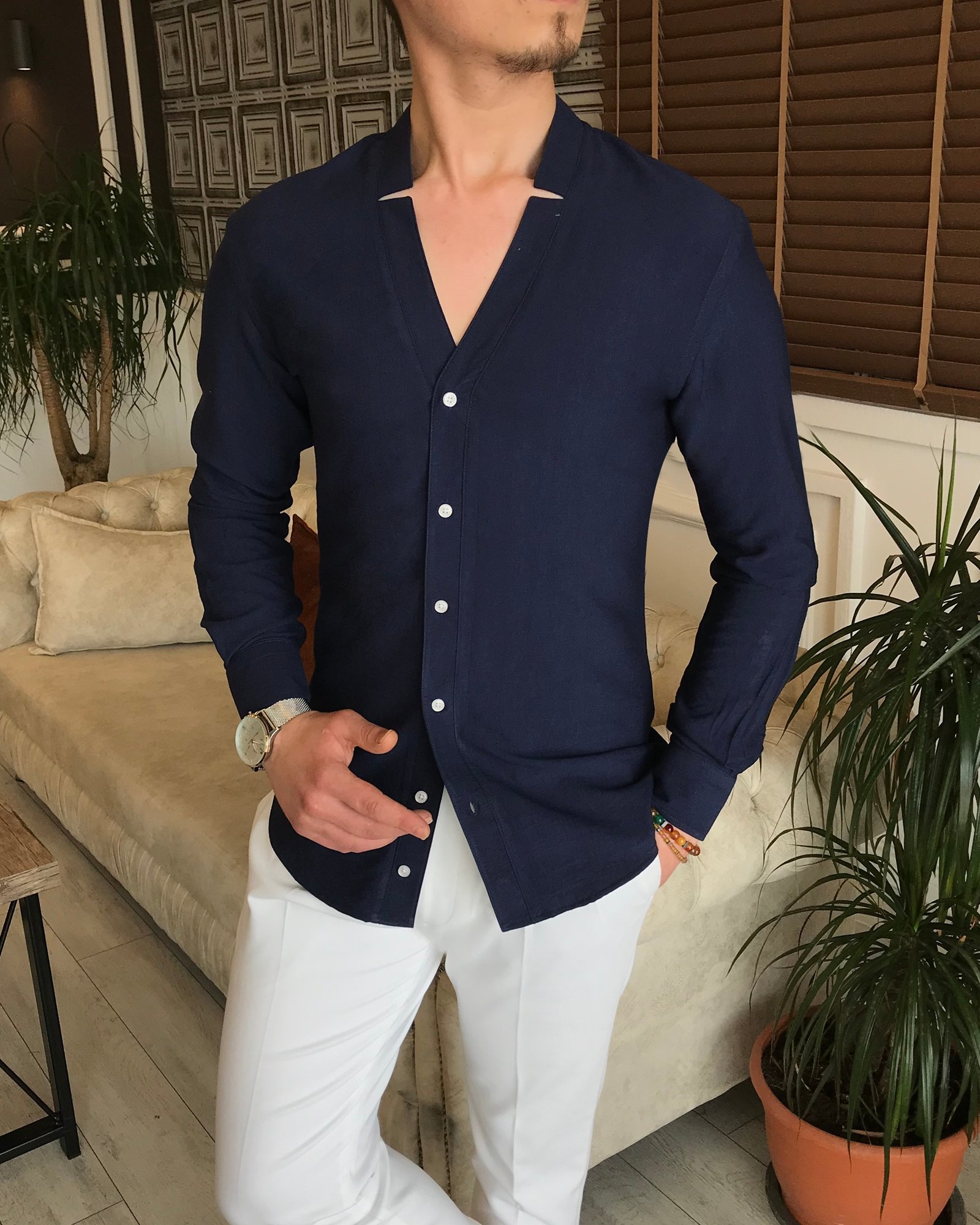 İtalyan stil slim fit erkek likralı hakim yaka gömlek koyu lacivert T5925