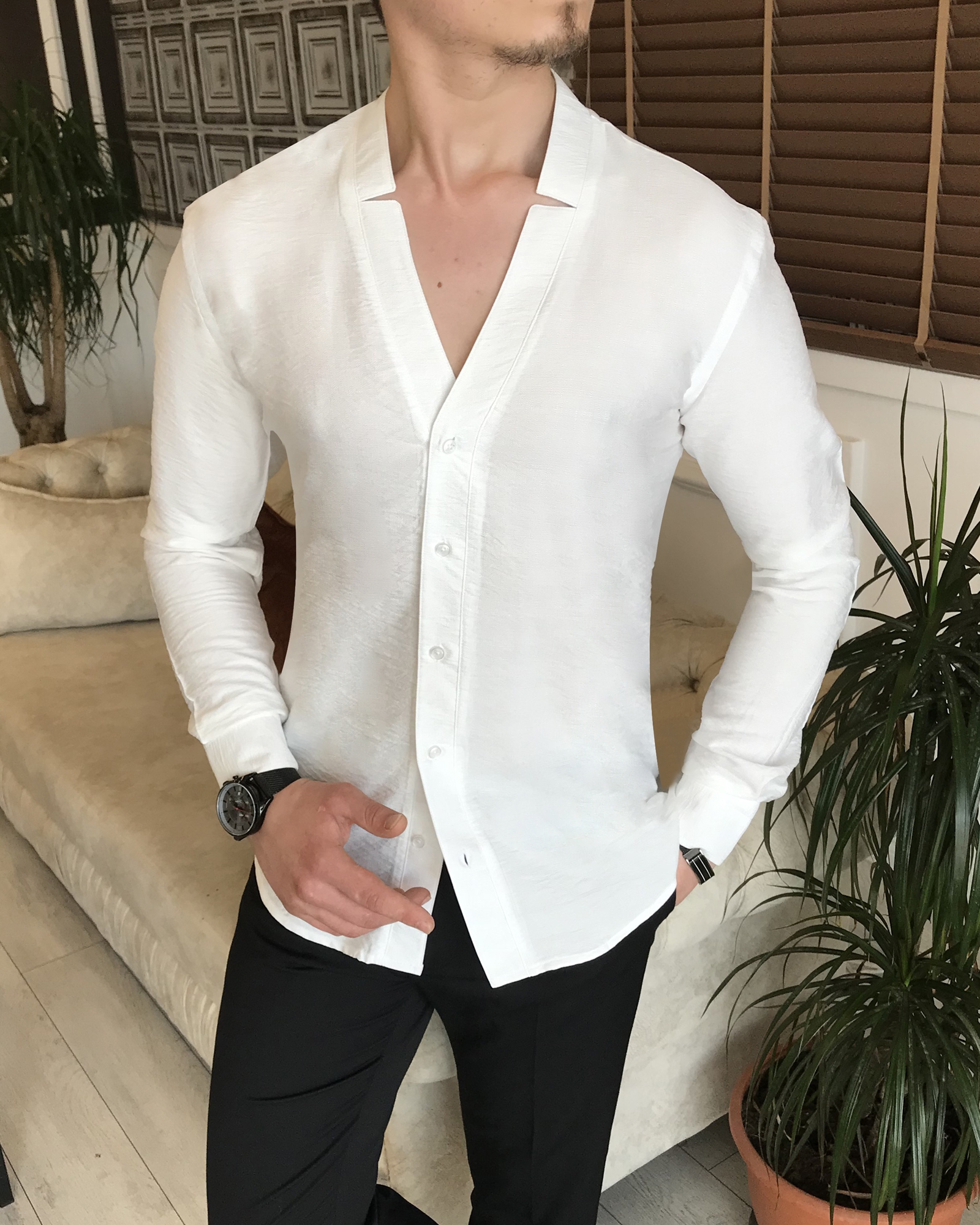 İtalyan stil slim fit erkek likralı hakim yaka gömlek Beyaz T5924