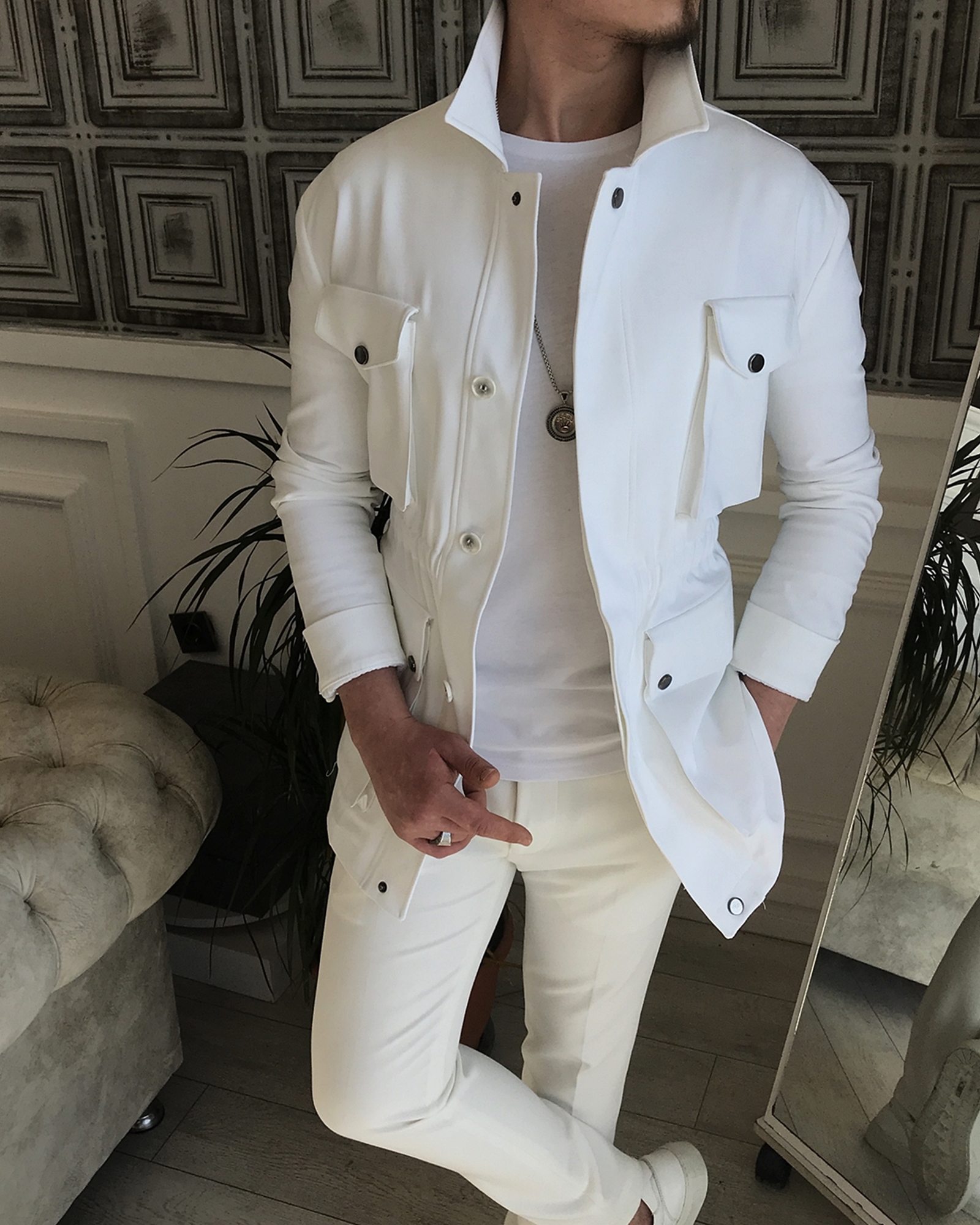 İtalyan stil slim fit erkek mevsimlik safari ceket Beyaz T5444
