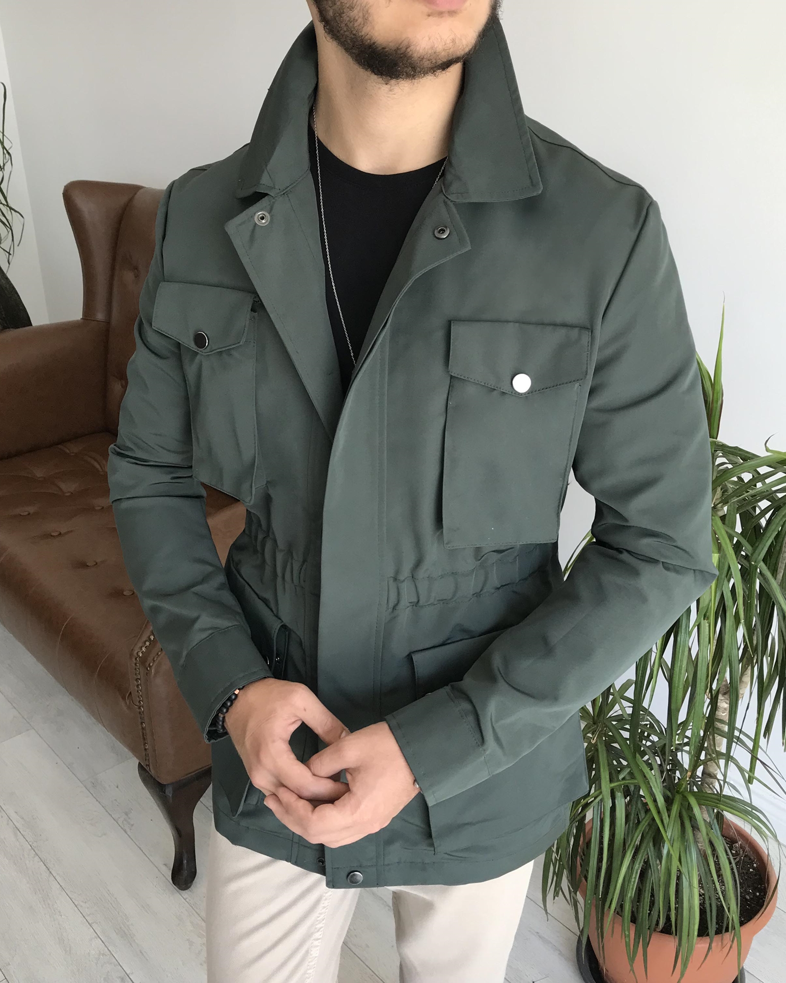 Italian Style Slim Fit Men's Seasonal Safari Jacket Green T7820