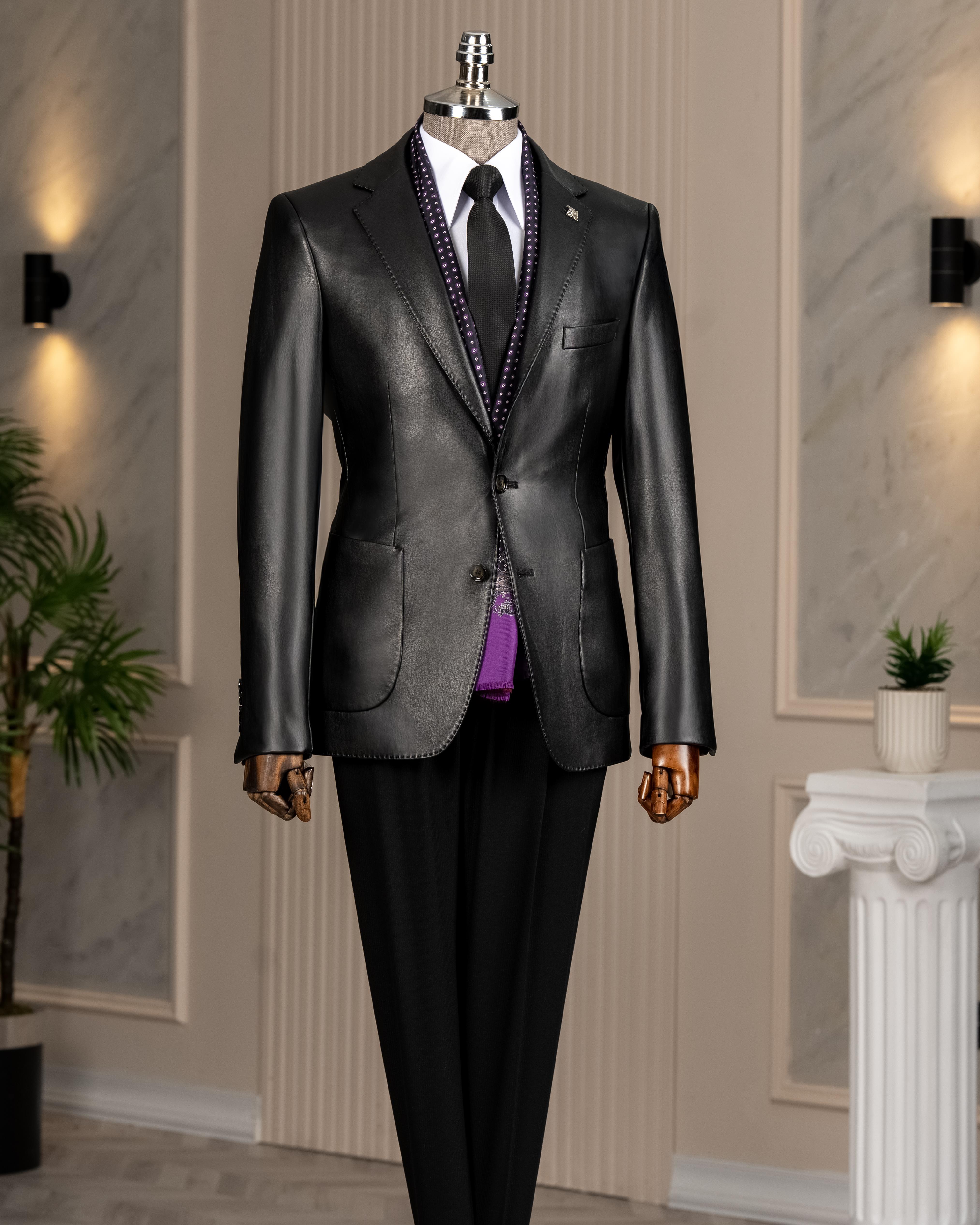 İtalyan stil slim fit erkek mono yaka suni deri ceket T10846