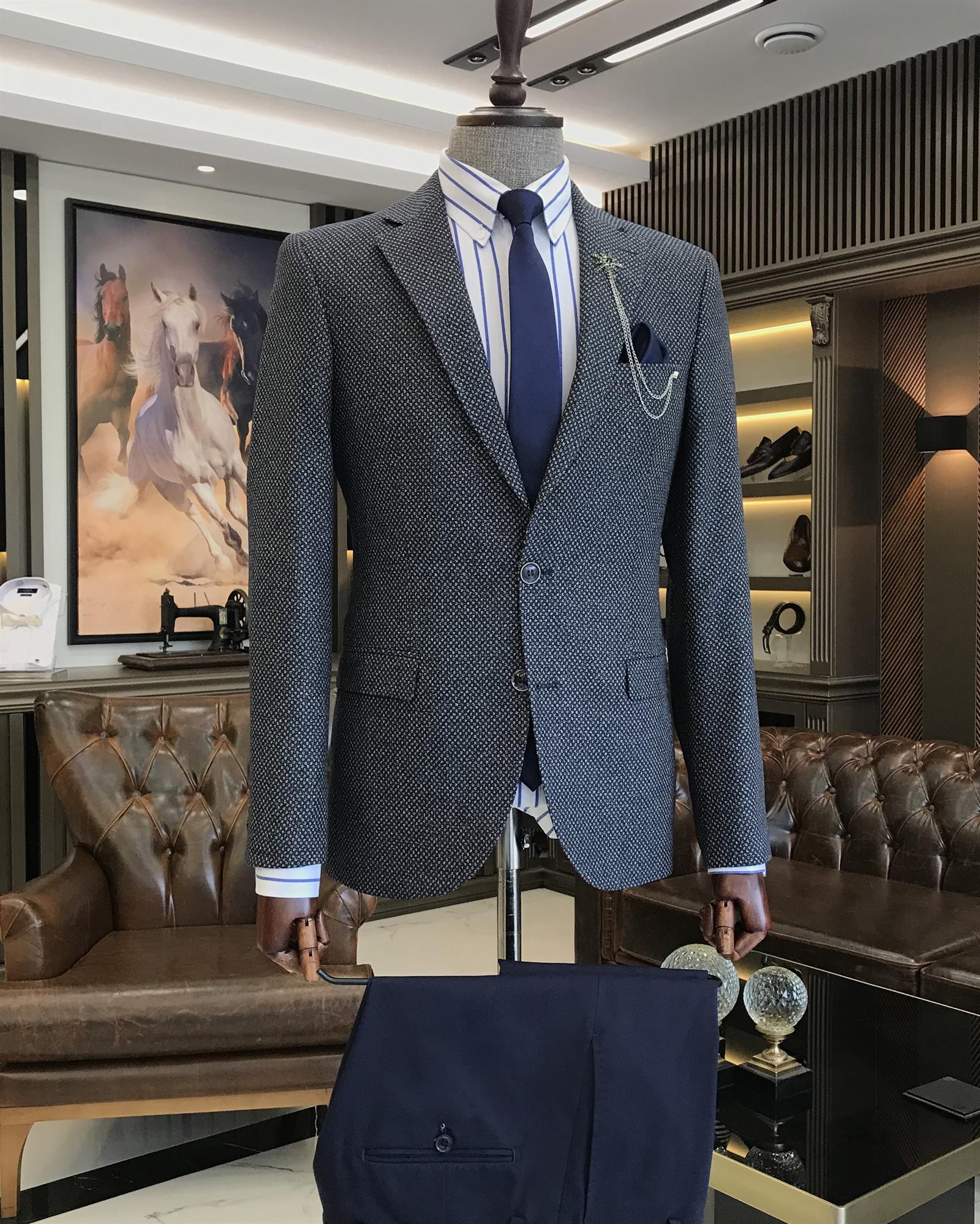 Italian Style Slim Fit Men's Mono Collar Jacket Navy Blue T8127