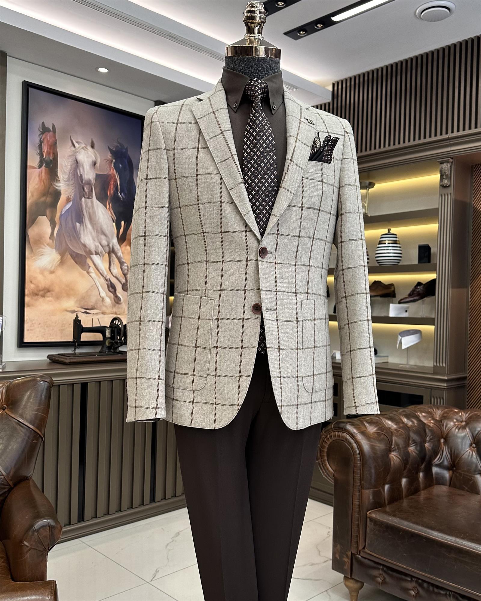 İtalyan stil slim fit erkek mono yaka kareli kaşe ceket bej T10159