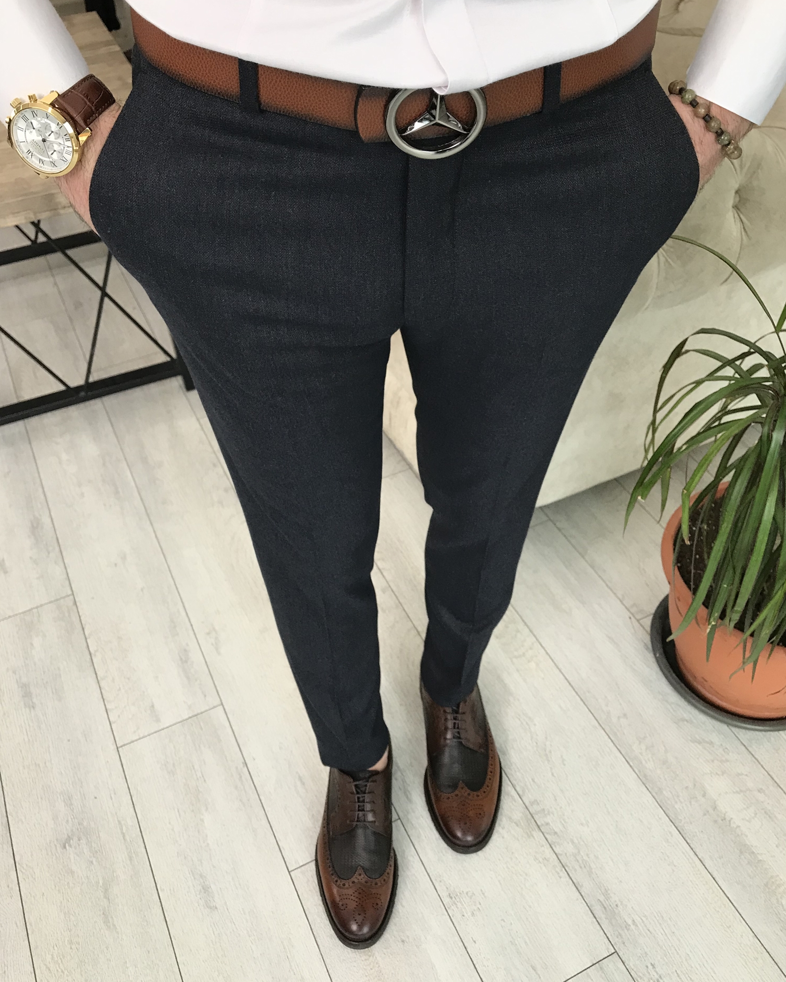 İtalyan stil slim fit erkek pantolon Lacivert T8255